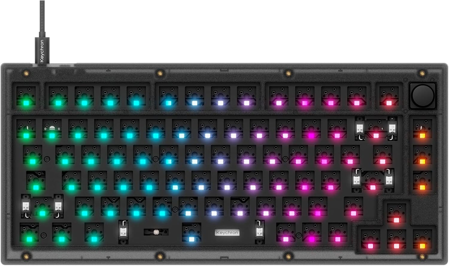 Keychron V1 barebone keyboard with south-facing RGB backlighting illuminated