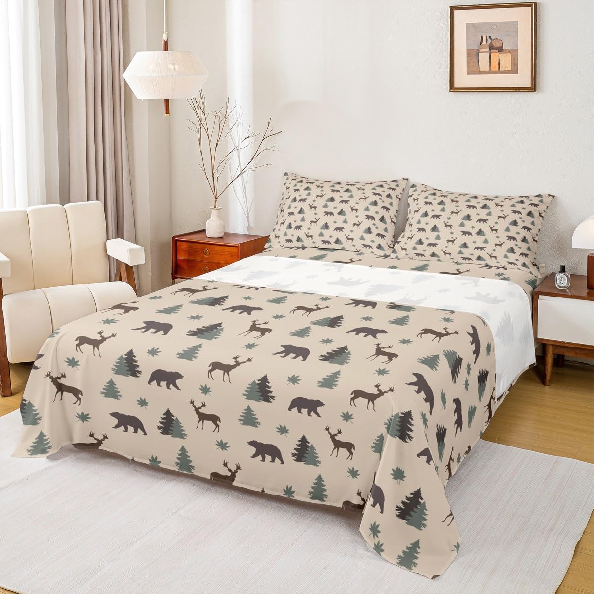 Feelyou Cute Deer Bedding Set Queen Size Kids Bear Fitted Sheet with 16 Inch Deep Pockets for Boys Girls Teens Wild Animal Bed Sheets Set Breathable Soft Farmhouse Room Decor