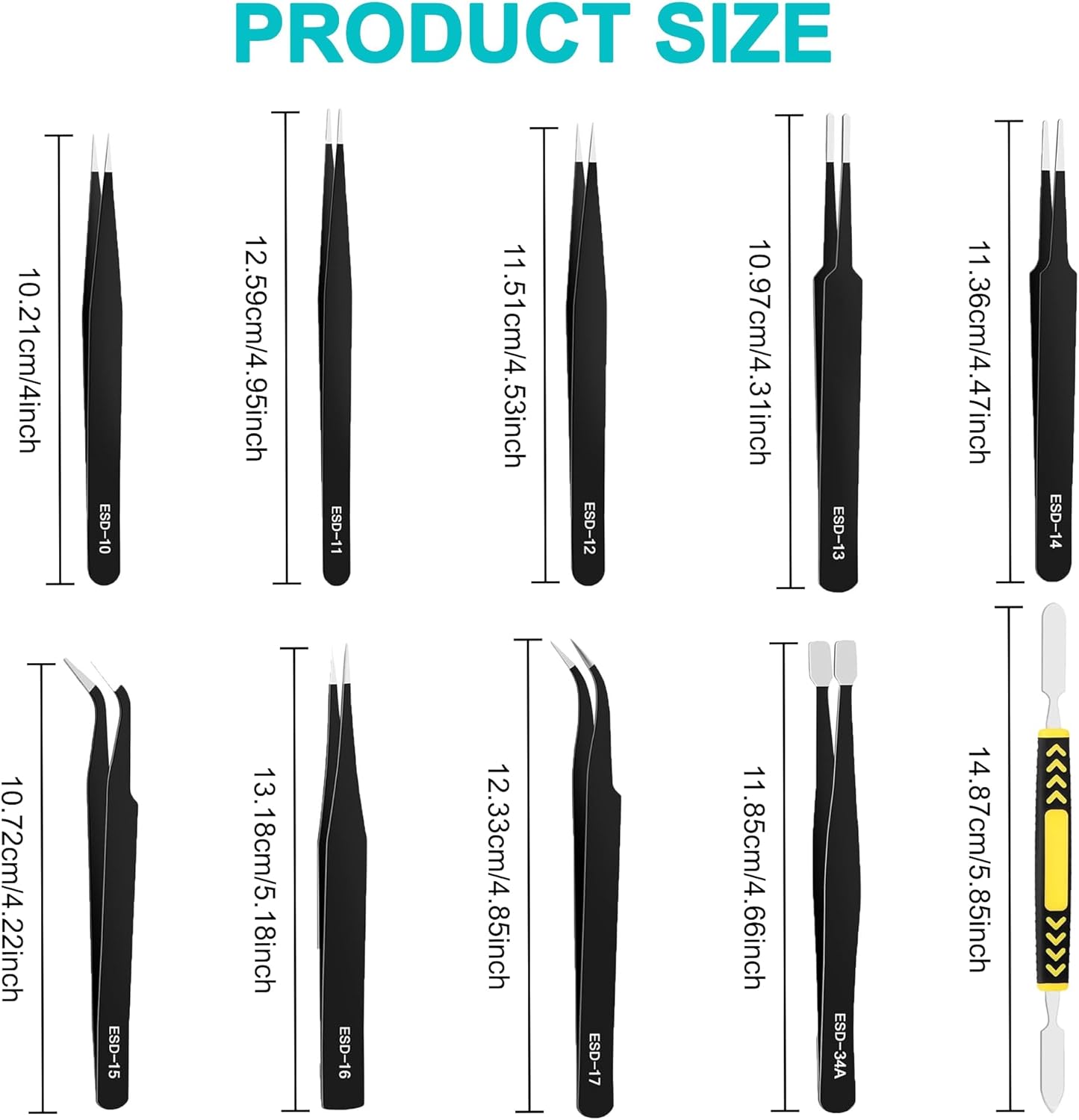 Precision Tweezers Set 10 Piece, ESD Safe Anti-Static Stainless Steel Kit with Case & Pry Tool for Electronics Repair, PCB Soldering, Jewelry Making, Watch Repair, Lab and Craft Work