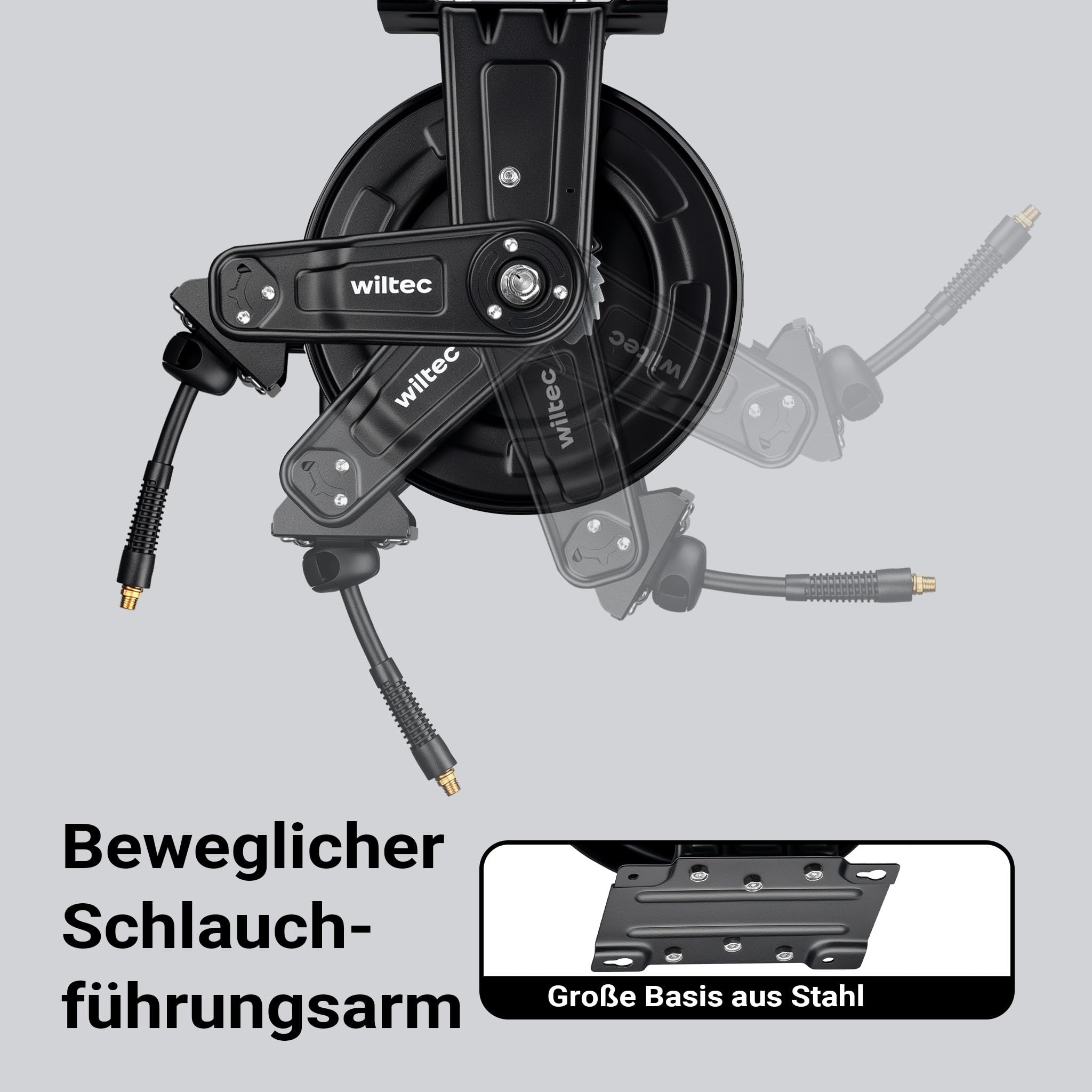 Wiltec Druckluft Schlauchtrommel 20 m, automatische Druckluftschlauchtrommel Stahl, 20 bar Drucklufttrommel, Schlauchaufroller einfache Montage