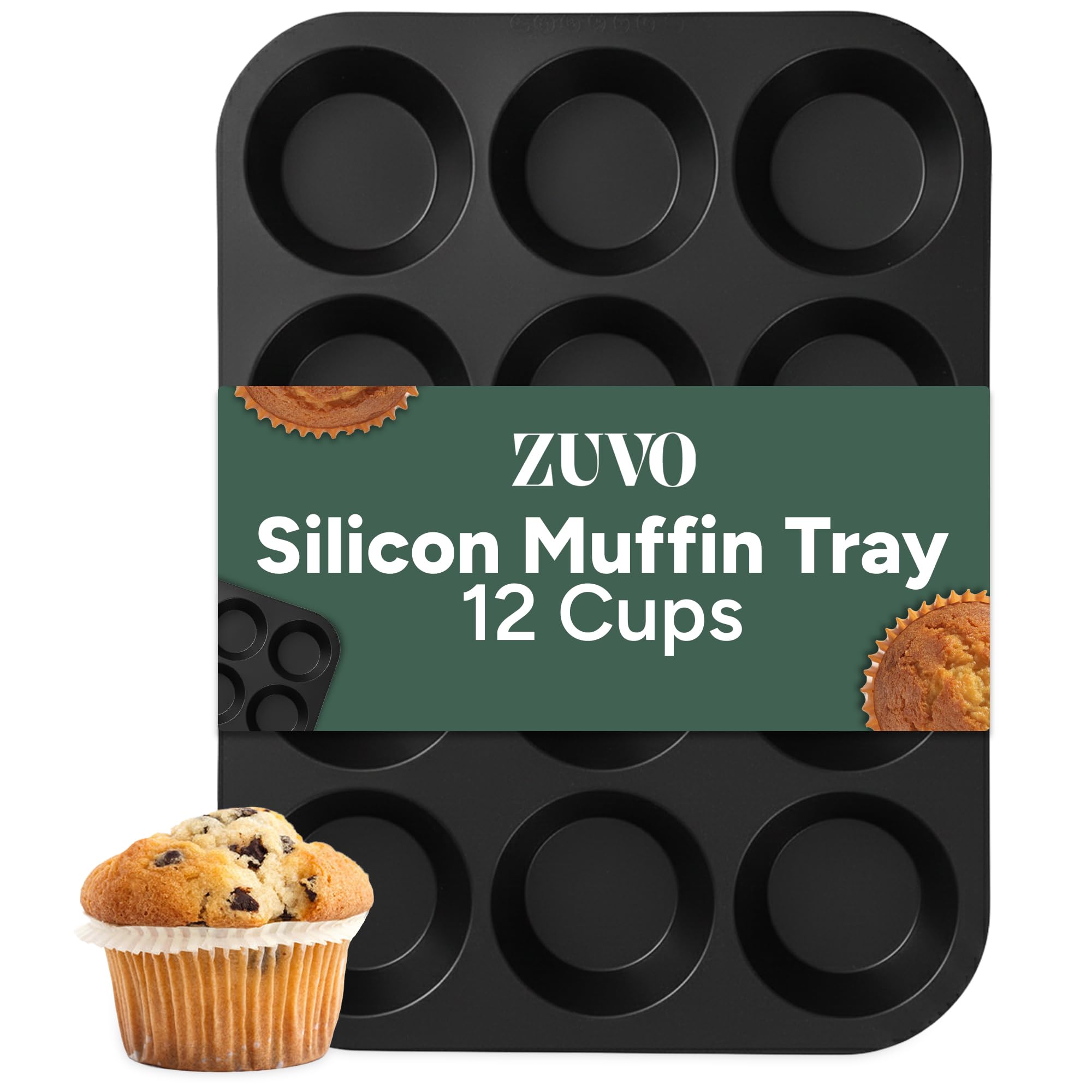 Zuvo Silicone Muffin Tray 12 Cup, Non-Stick Cupcake & Fairy Cake Tin, Black