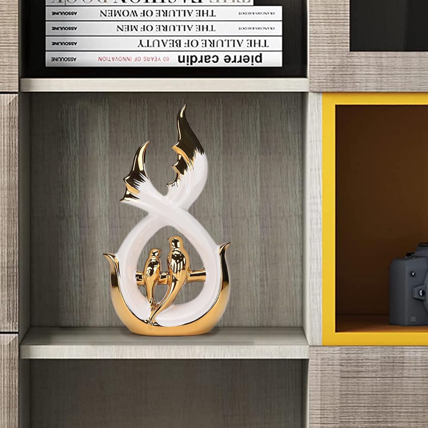 Modern Abstract Art Ceramic Statue with Bird Figurine White & Gold Decor for Living Room Dining Room Bookshelf Coffee Table Entrance Shop Office 11.8''(H) TQGJNY6