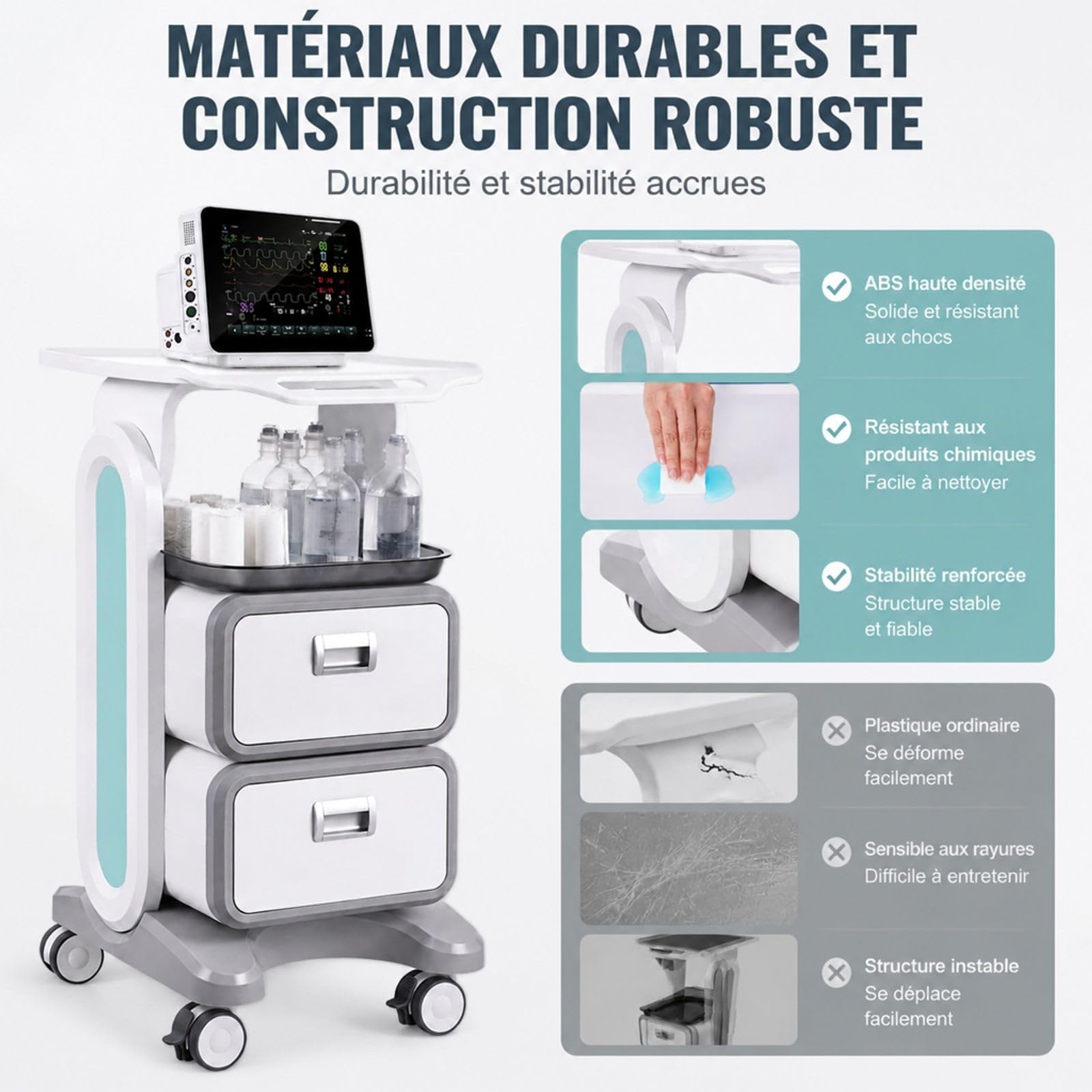 Chariot de Laboratoire à 3 Niveaux avec 2 tiroirs, Blanc, Chariot de Service pour Rangement et Transport