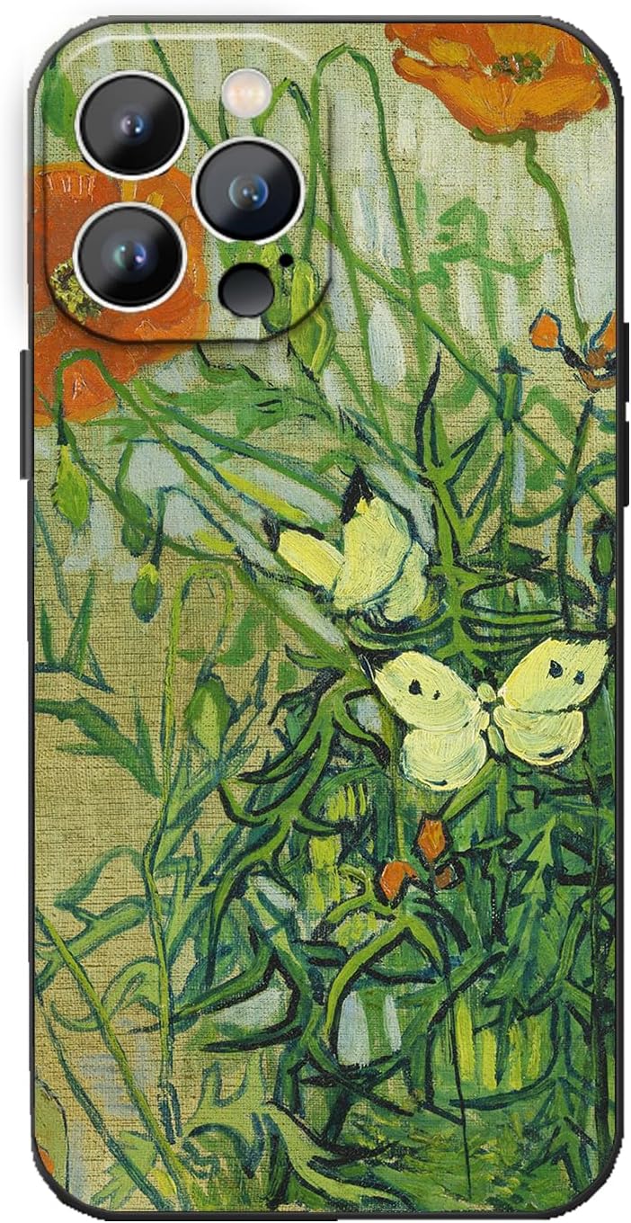 Phone Case for iPhone 14 Pro, Aesthetic Van Gogh Butterflies and Poppies Case, Fashion Flower Pattern Cover