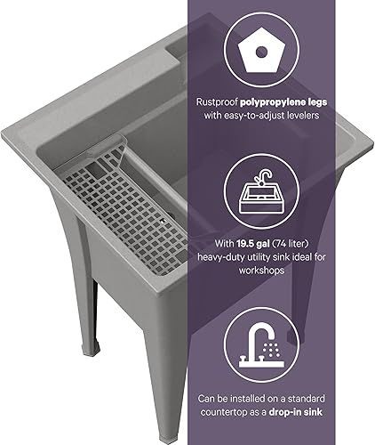 Vista 11 de Fregadero independiente con grifo negro de una manija, fregadero de plástico de 24 pulgadas para garaje, lavandería