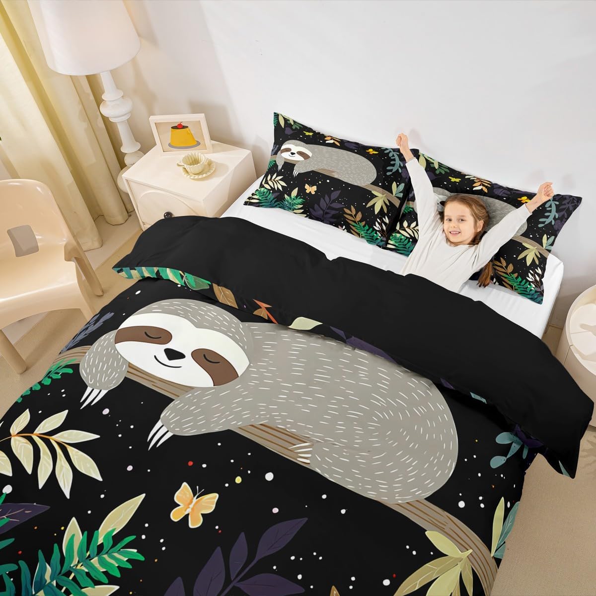 Feelyou Sloth Comforter Cover Set Cute Sloth Bedding Set for Kids Boys Girls Galaxy Butterfly Duvet Cover Botanical Leaves Bedspread Cover 1 Duvet Cover with 2 Pillowcases Full Size (No Comforter)