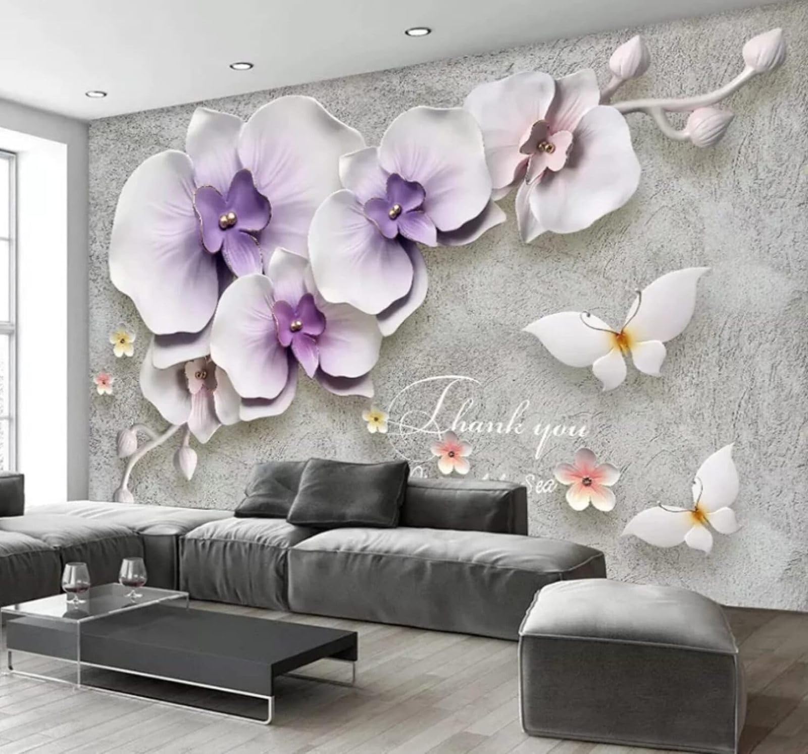 Wallpaper-3D-Xlm 200Cm×140Cm(B×H) Relief Three Dimensional Purple Flowers Butterflies 3D Wallpaper Easy Install Feature Office Living Room Sofa Bedroom Tv Background Wall Decoration-200Cm×140Cm