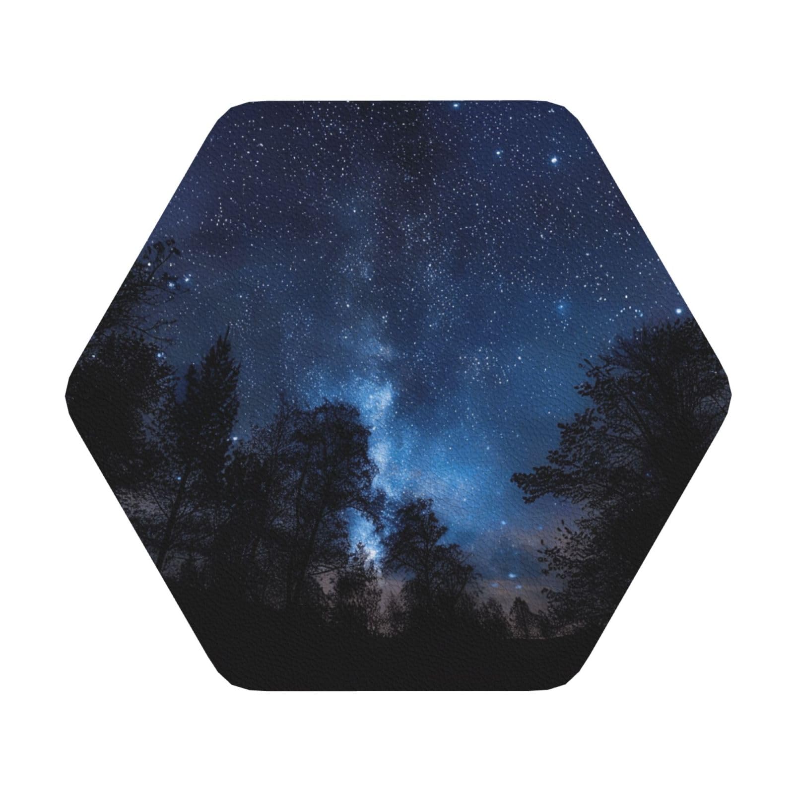 Tree at Night Printed Coasters for Drinks, Leather Coaster Sets of 4, Funny Coffee Cup Coaster, Absorbent Coaster for Home and Office Kitchen Bar Hexagon