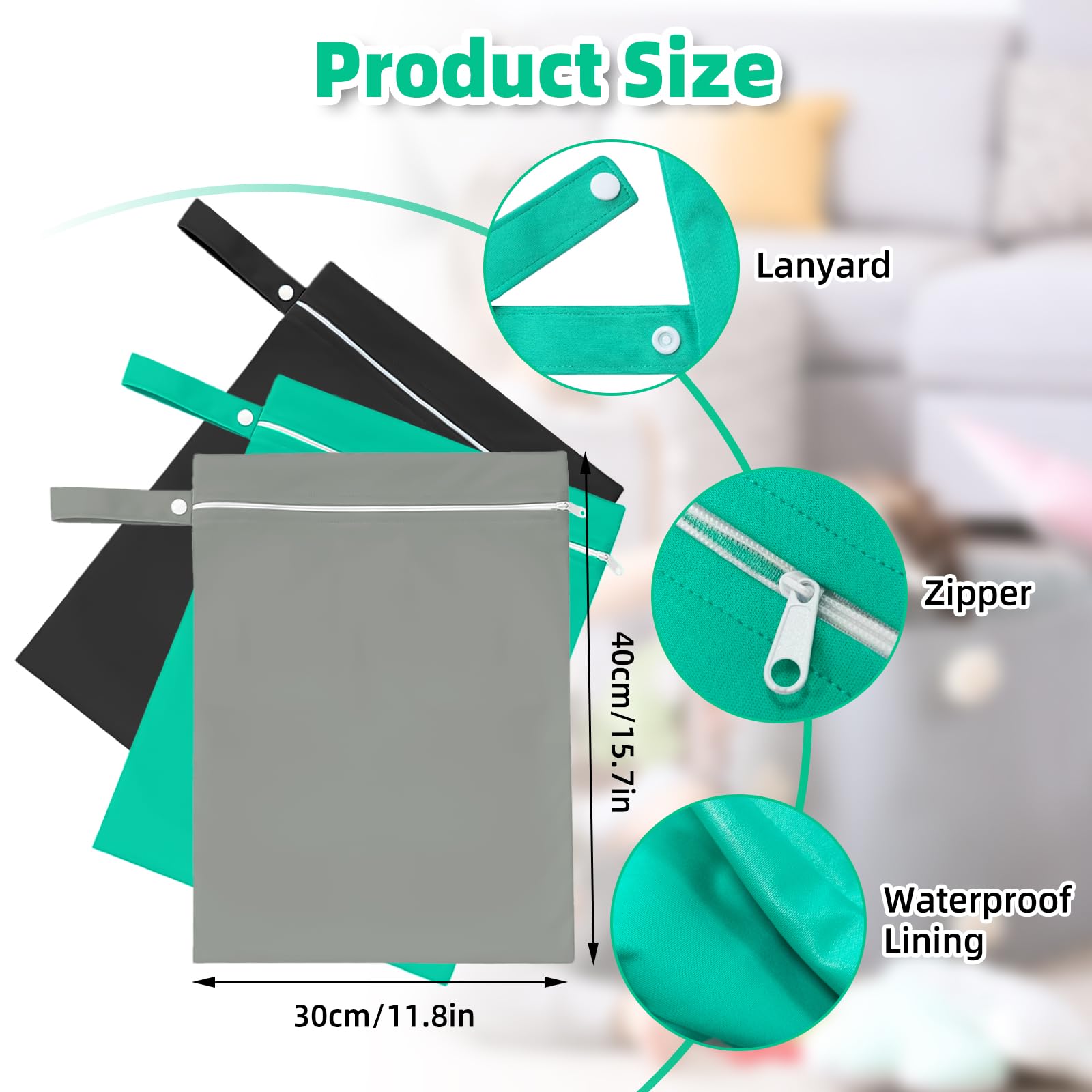 3 Pezzi Borsa Impermeabile, 40 x 30 cm Wet Bag per Costumi da Bagno Sacca Impermeabile con Cerniera, Borsa Viaggio Riutilizzabile per Costumi da Bagno, Asciugamani da Spiaggia(Grigio,Verde,Nero)
