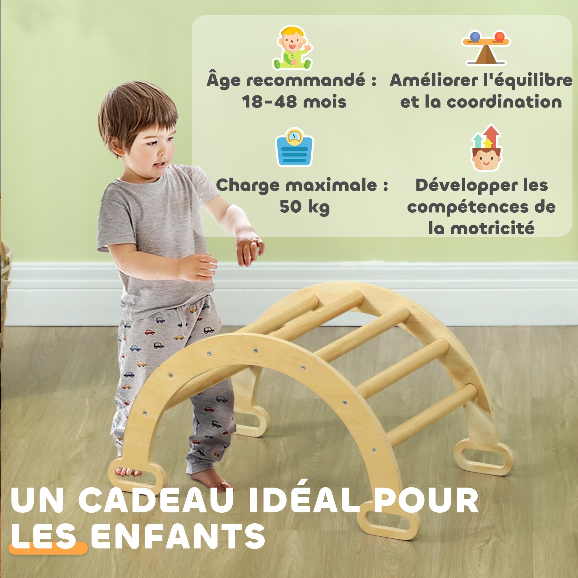AIYAPLAY Arche Escalade Enfants, Arche Bébé 18-48 Mois Bois Naturel | Parcours Motricité Bébé en Bois, Aire de Jeux Bascule d'Intérieur, Garçons & Filles