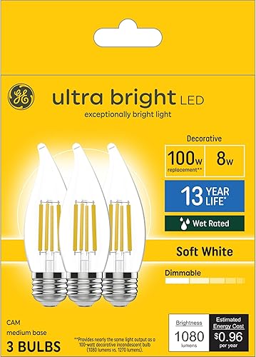 GE Bombillas LED ultra brillantes, equivalentes a 100 W, color blanco suave, bombillas CA12 transparentes (paquete de 3)
