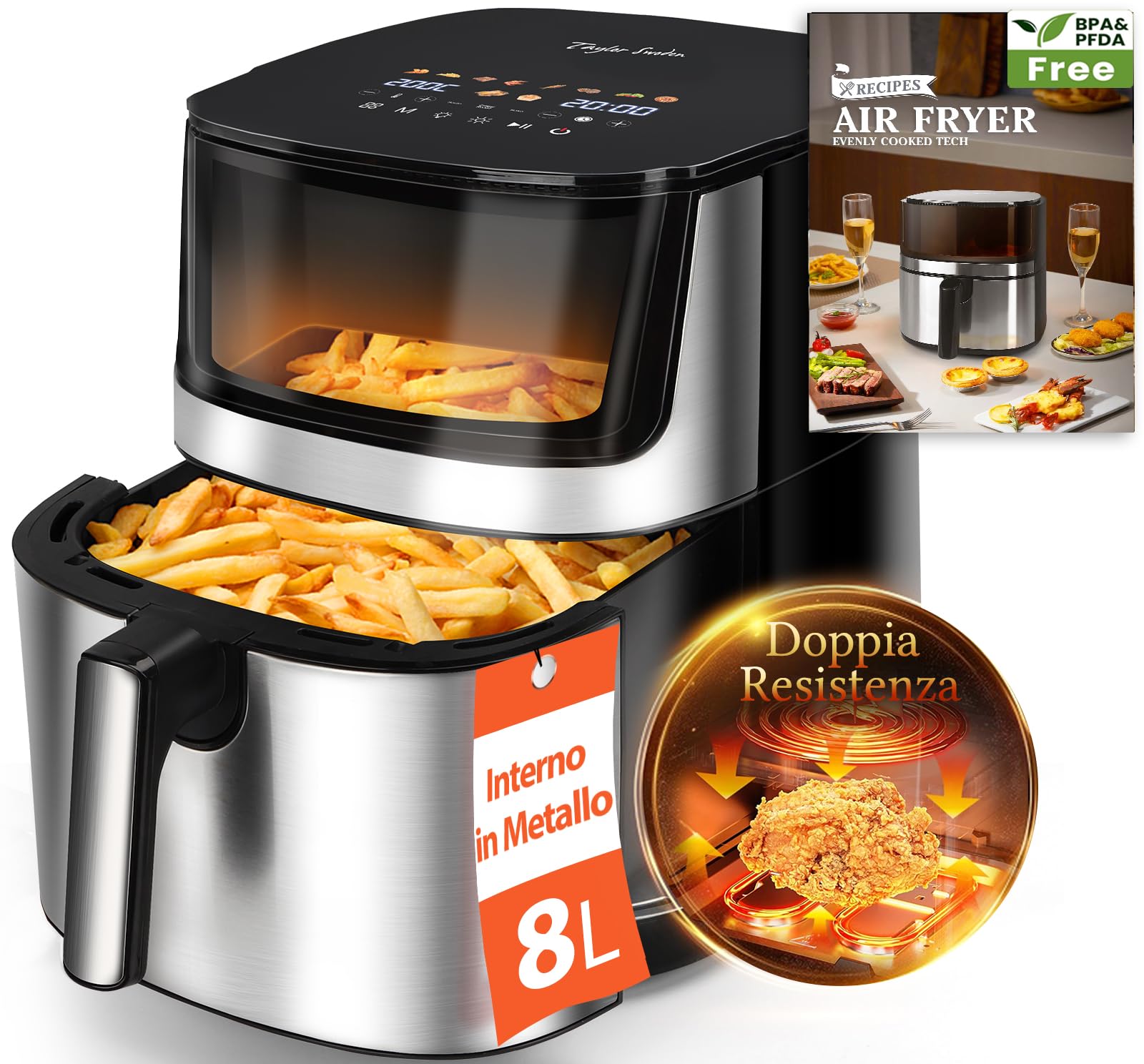 Taylor Swoden Friggitrice ad Aria 8L, 2000W Air Fryer con Doppia Resistenza e Interno in Metallo, Finestra Visibile, 10 Programmi, Senza Girare, Nero