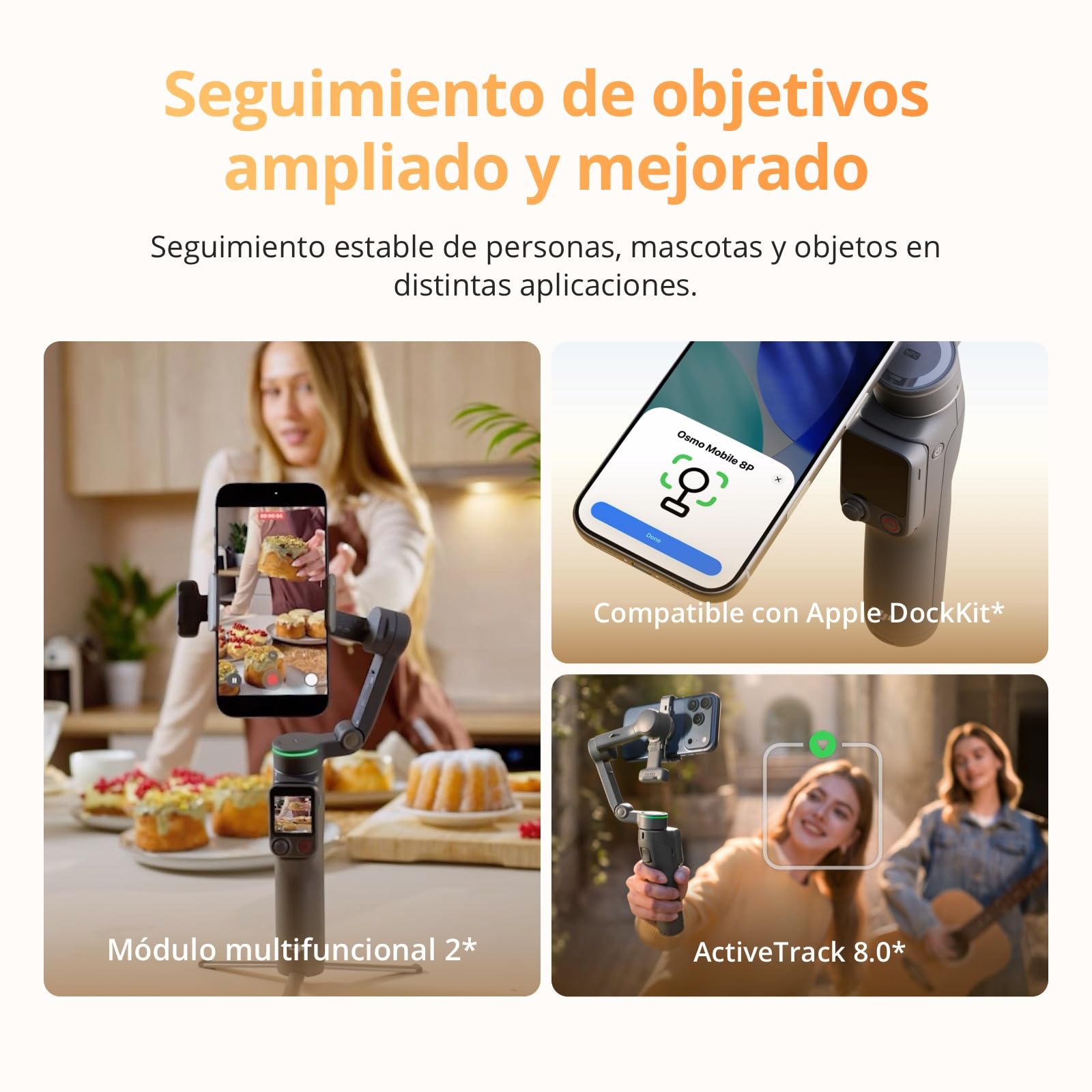Estabilizador Osmo Mobile 8P para iPhone y Android, módulo de Seguimiento, Control Remoto, Seguimiento Nativo, Brazo Extensible y trípode Integrados, batería de 10 h, estabilización de 3 Ejes