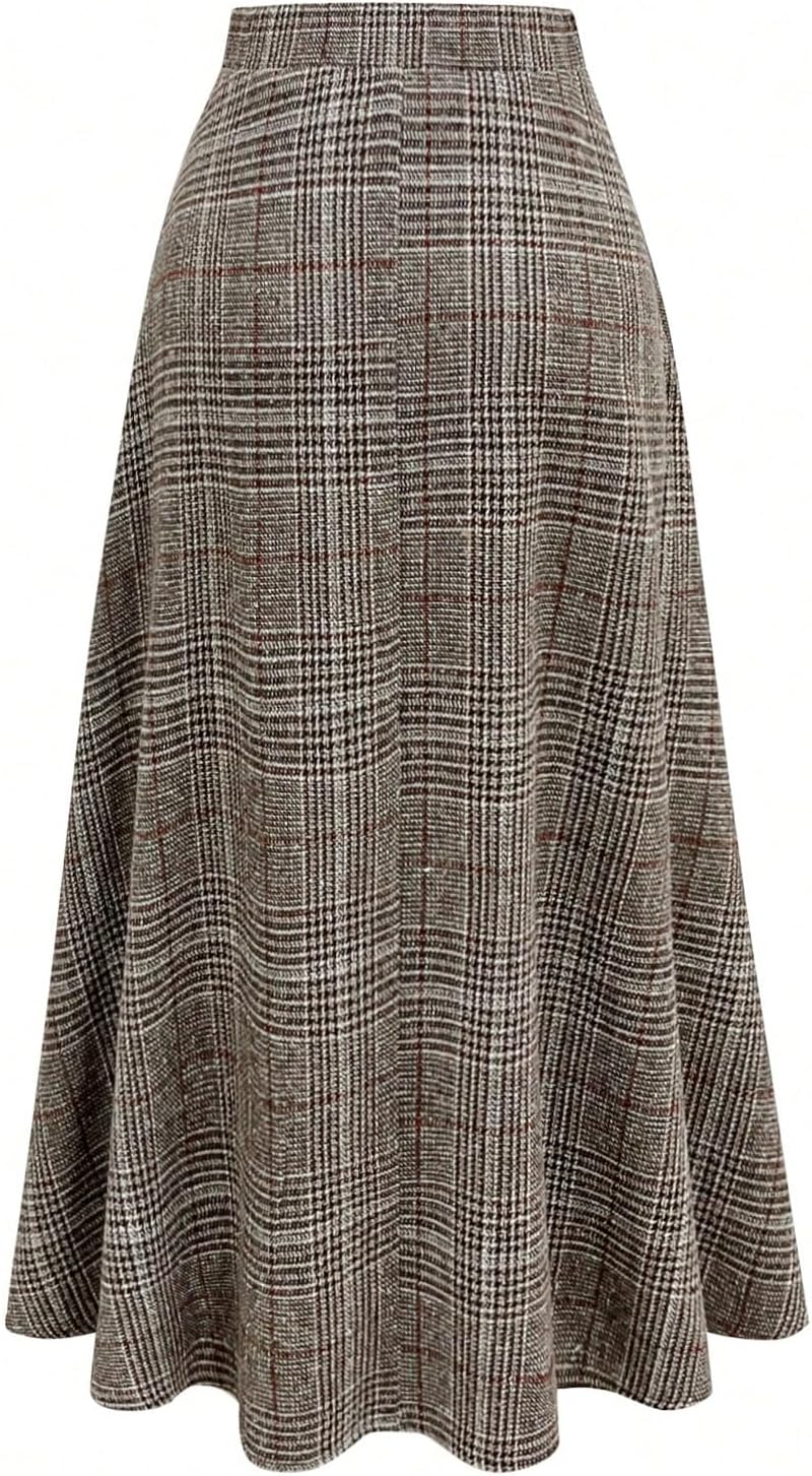 GORGLITTER Women's Vintage Plaid Pleated Elastic A Line Dressy Casual High Waisted Long Skirt