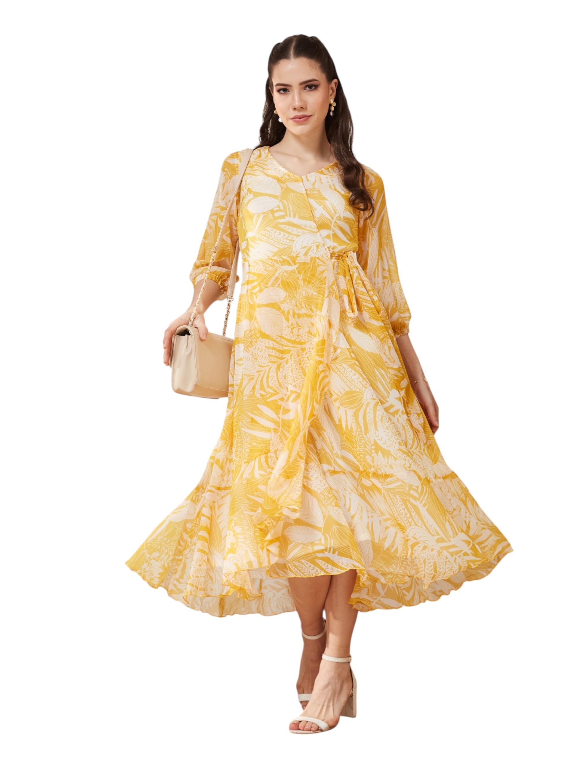 miss chase Women's Yellow & White V Neck Full Sleeve Floral Layered Maxi Dress-picture-47
