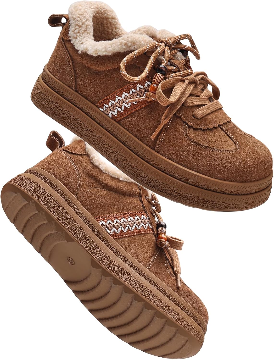 Women's Winter Cold Weather Walking Shoes Suede Leather Lace Up Slip On Warm Loafers - Image 4