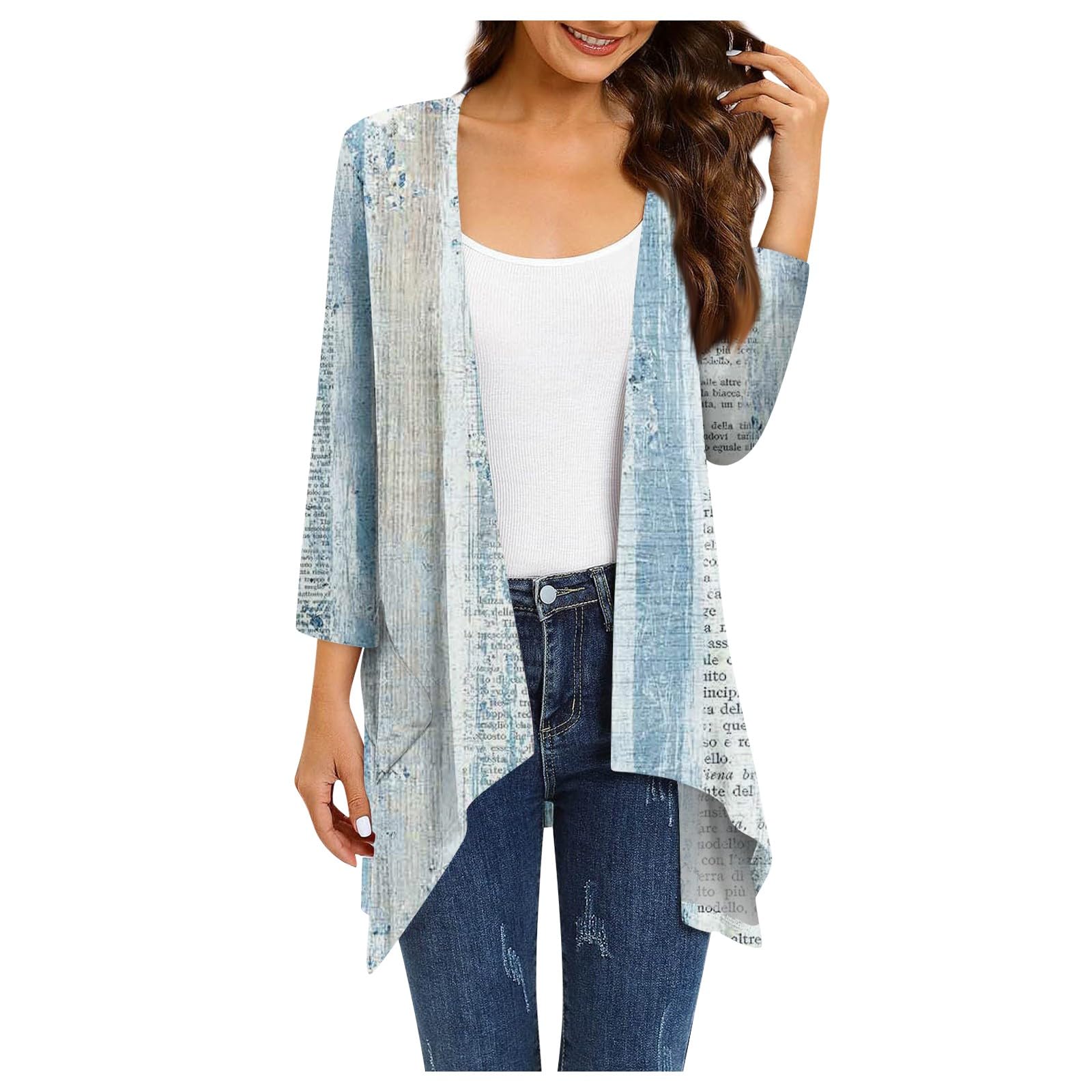 Stutye Summer Cardigan Women's Light and Thin Coat Irregular 3/4 Sleeve Printed Cardigan with Pocket Coat