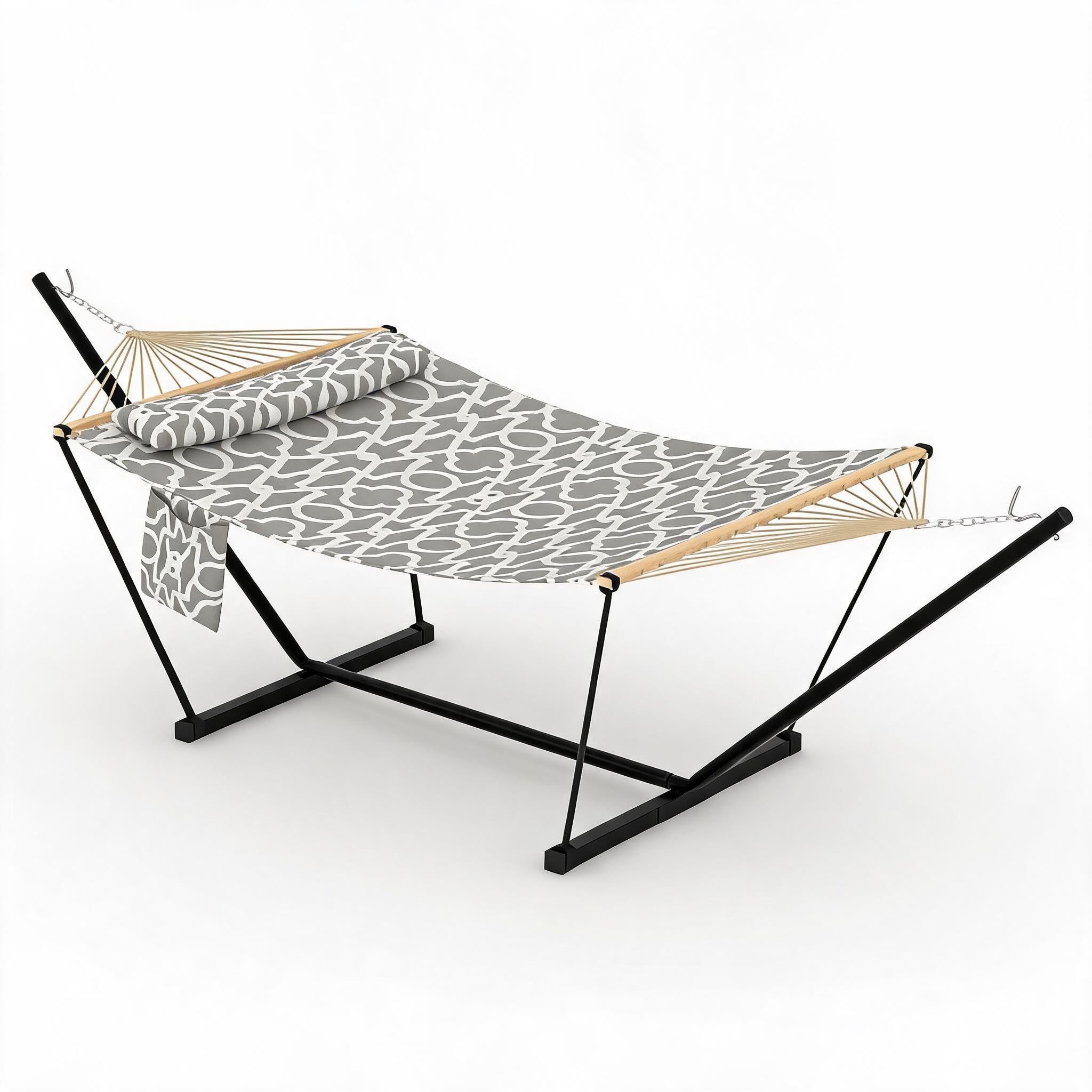 Hamac sur Pied avec Support T et Barres en Bois - Hamac Matelassé Plat 365cm, Support Acier Solide 200kg, 2 Places, Jardin Balcon Terrasse Extérieur, Détente Plein Air