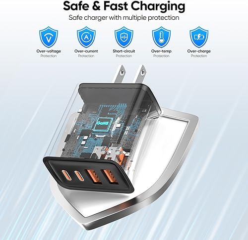 Miniatura 4 de Paquete de 2 Cargador de pared USB C, bloque de carga rápida de 80 W, 4 puertos tipo C, enchufe de pared multipuerto USBC PD20W y QC20W GaN con