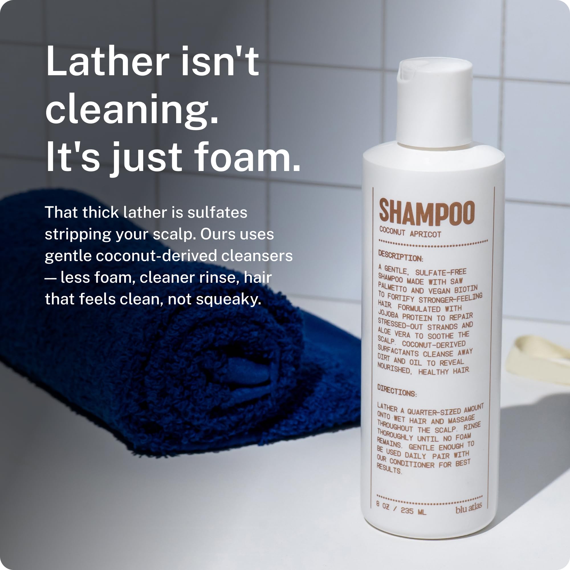 Blu Atlas Shampoo naturale da uomo, per tutti i tipi di capelli, shampoo per una pulizia delicata e idratazione profonda, vegano, senza solfati e parabeni, cocco e albicocca, 227 ml