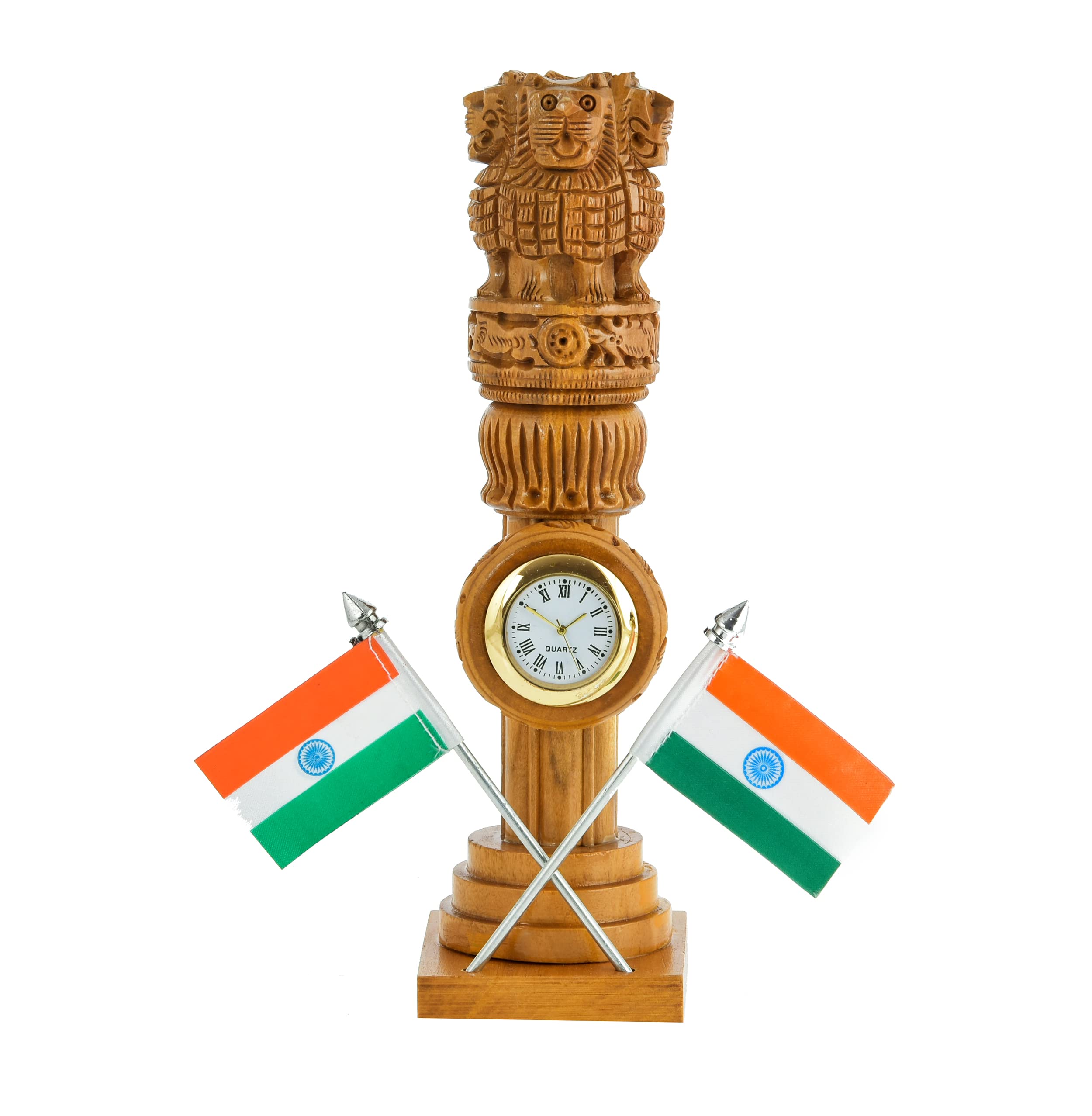 Kaka jiji Handicraft Wooden Carved Ashoka Stambh Pillar With 2 Flags & Analog Clock For Office And Study Table Ii Brown Color Pack Of 1 (2.4Wx2.4Lx8.5H Inches) 2