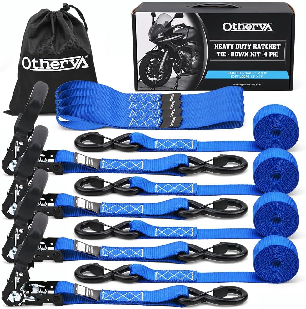 - TIE Down Strap Ratchet Tie Down Straps - 1.6" x 8 ft 5208 Lb Break Strength - Cargo Straps for Securing Motorcycle, Kayak, Truck, Trailer and Boat Lawn Equipment- Includes 4 Soft Loops（Blue）