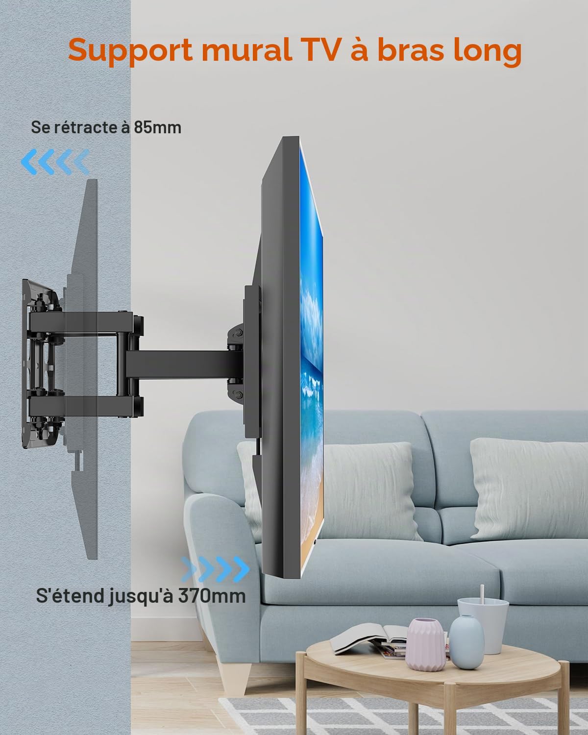Support Mural TV pour Téléviseurs Plats et Incurvés LED LCD 26-65 Pouces, Fixation TV Murale Inclinable et Extensible avec Double Bras jusqu'à 45kg, Support TV Max. VESA 400x400mm