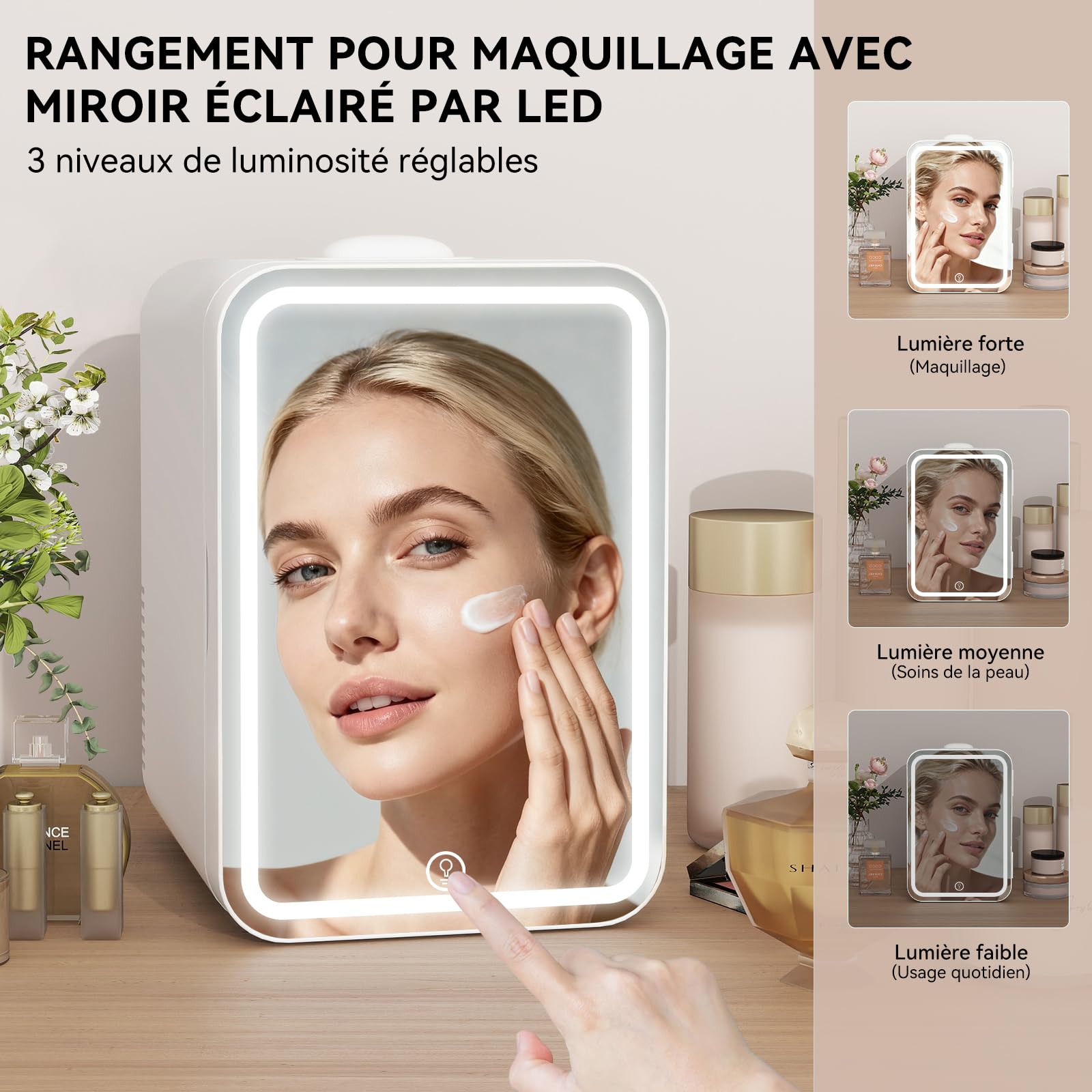 YU YUSING Mini Frigo Cosmetique 8L avec Miroir LED, Mini Réfrigérateurs Portable, Petit Frigo de Chambre 12V/220V avec Fonction Chaud/Froid, Miroir de Maquillage Led pour voitures, Blanc
