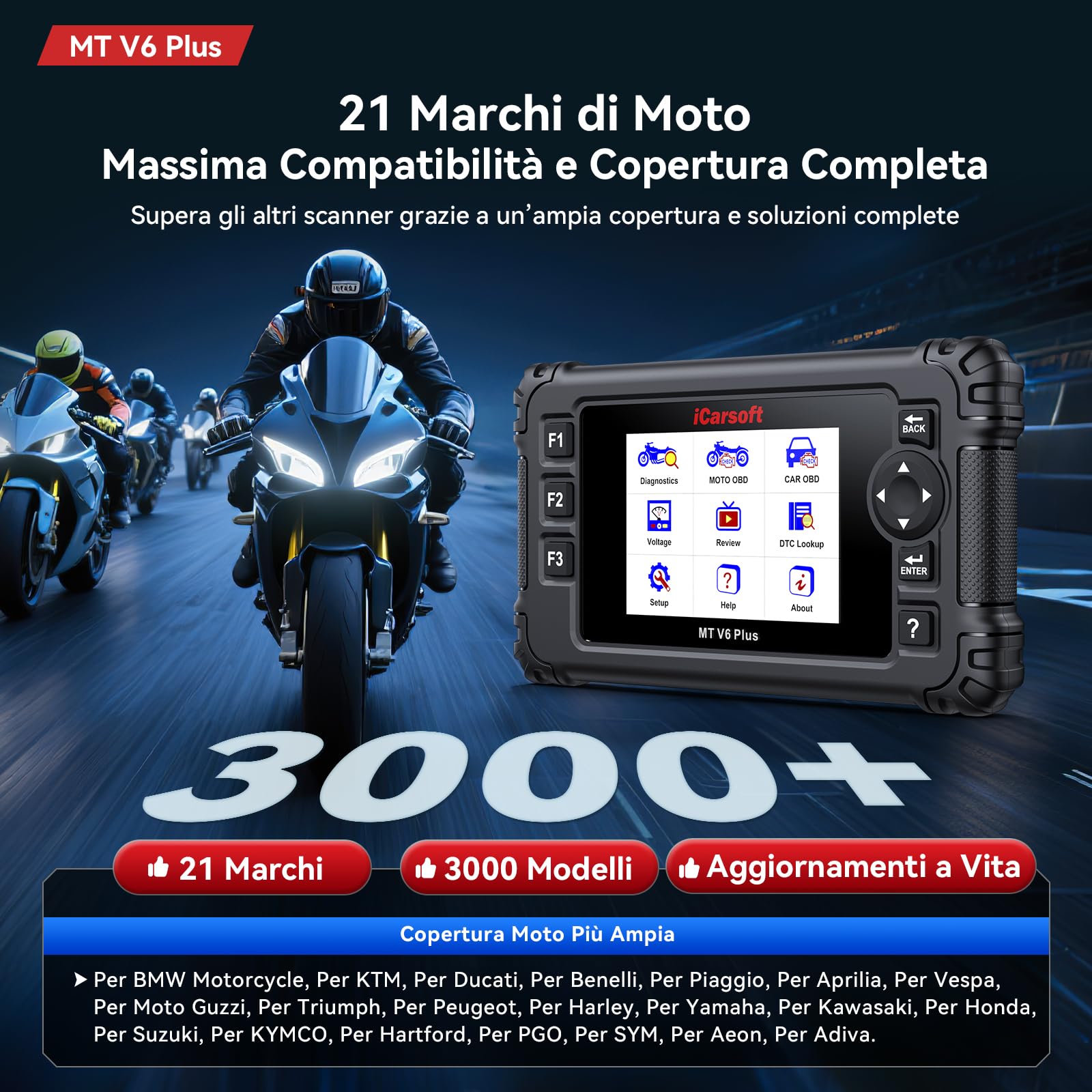 iCarsoft MT V6 Plus Strumento Diagnostico per Moto, Diagnosi Moto Universal, Lettore di Codice Tutti i Sistemi, Servizi Completi, Scansione Automatica, Diagnostica OBD per Auto e Motocicletta
