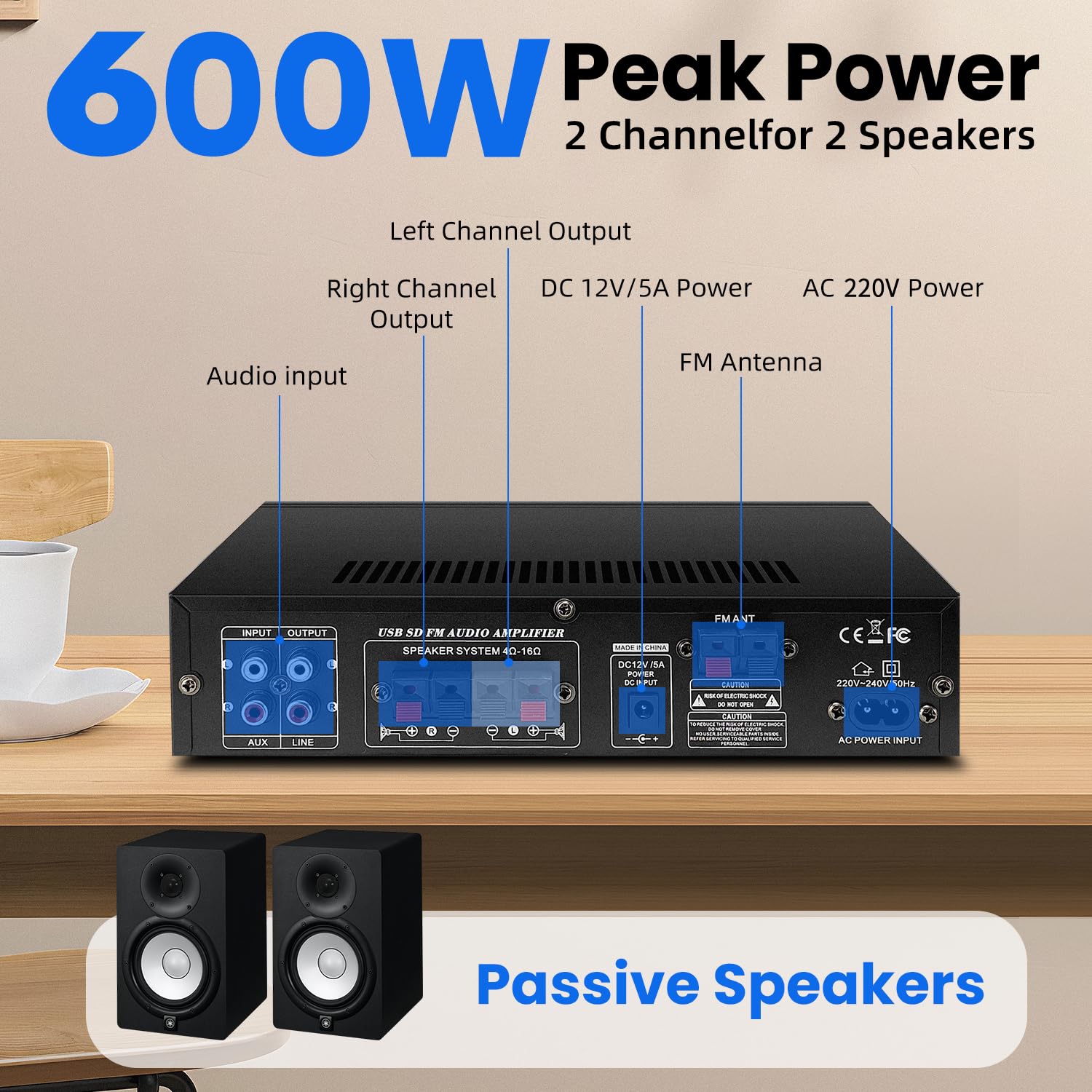1000W amplificateur hifi, 2 Canaux ampli Bluetooth 5.0 RMS 60 W X2 Stereo pour Les Enceintes Domestiques enceinte hifi avec Contrôle des Basses et des Aigus SD USB FM 12V / 220V avec Télécommande IR