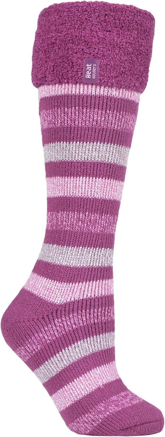 HEAT HOLDERS - Ladies Striped Thick Thermal Cozy Cuff Long Knee High Boot Socks