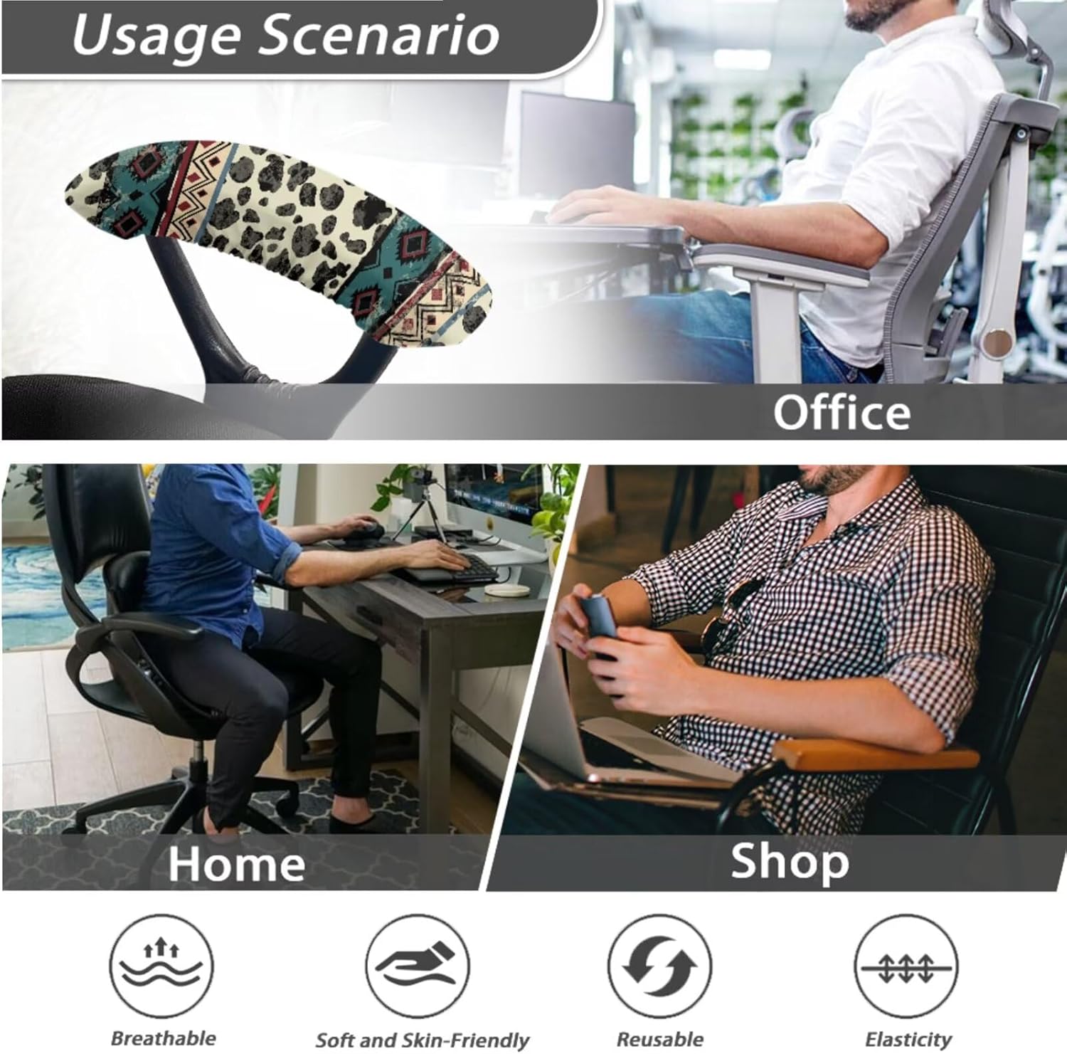 Aztec Cow Print Office Chair Cover with Armrest Covers, Computer Chair Cover with Button, Wrinkle-Resistant Office Chairs Accessories, L
