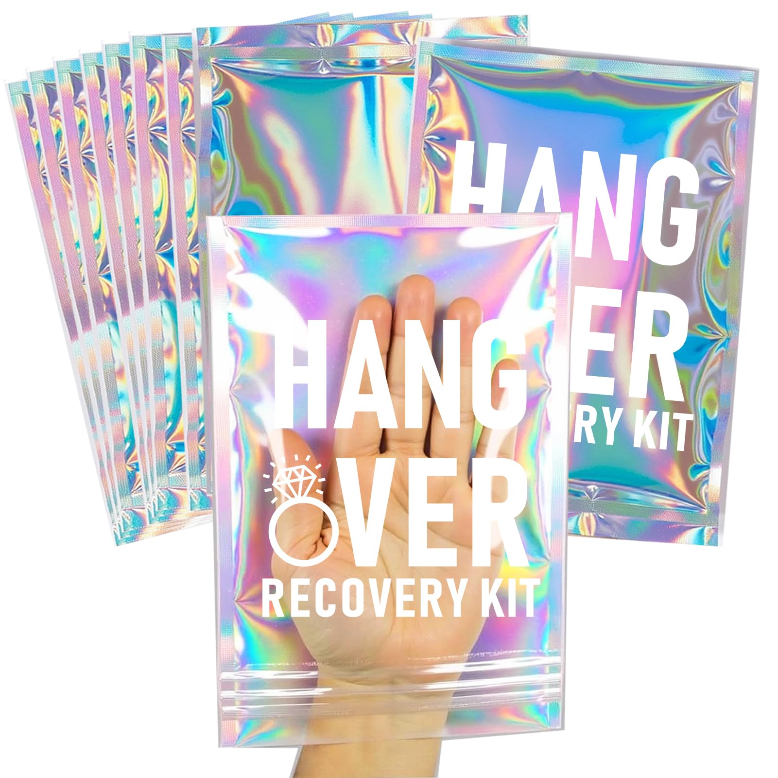 10 Pcs Hangover Recovery Kit Bags—Pre-Printed Holographic Resealable Bags(Without Self-Care Kits),Ideal for Bachelorette Party Favors and Birthday Hangover Kits(5" x 7")