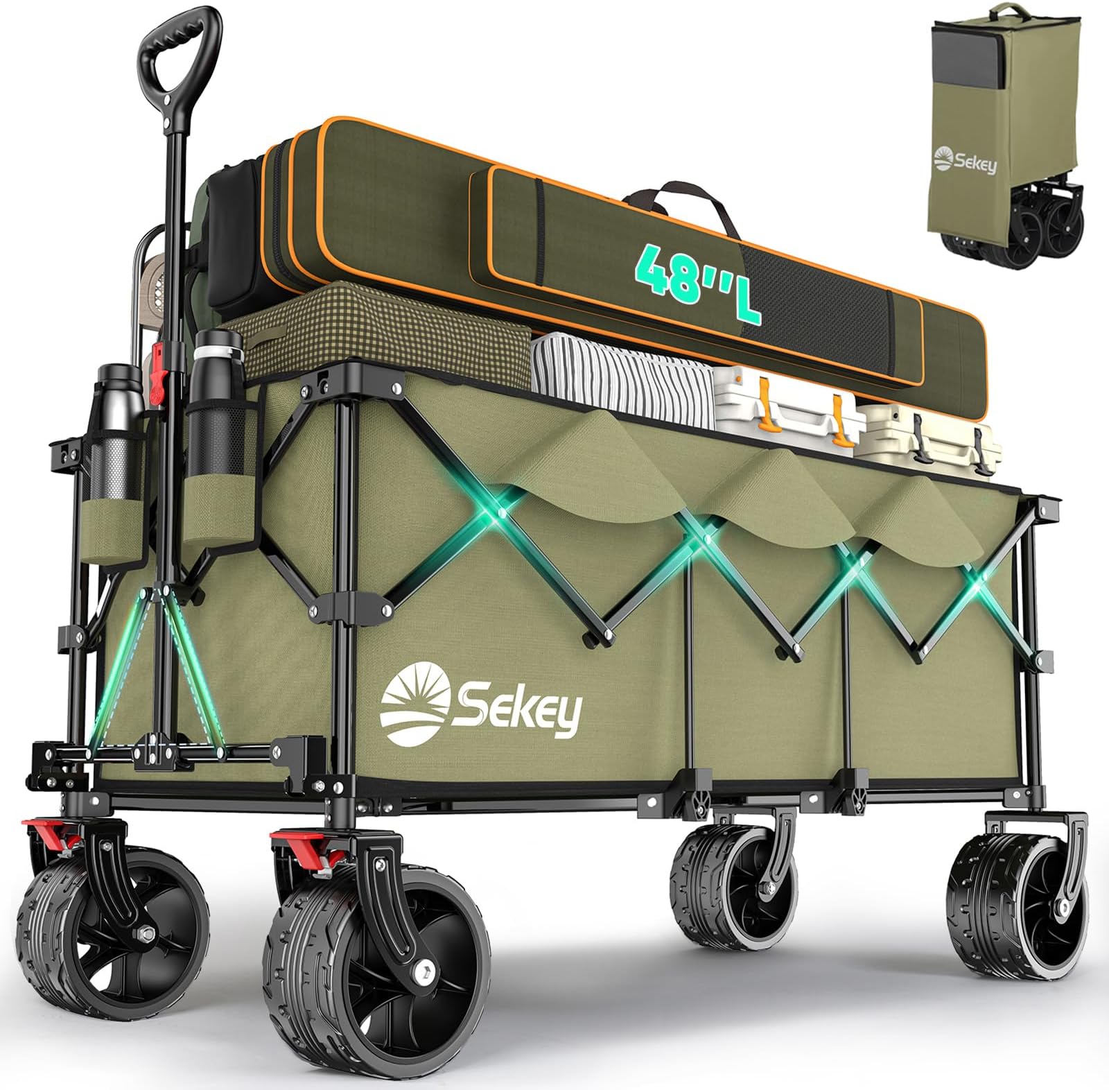 Sekey 48''L Collapsible Foldable Extended Wagon with 440lbs Weight Capacity, Heavy Duty 300L Folding Utility Garden Cart with Big All-Terrain Beach Wheels & Drink Holders. Khaki