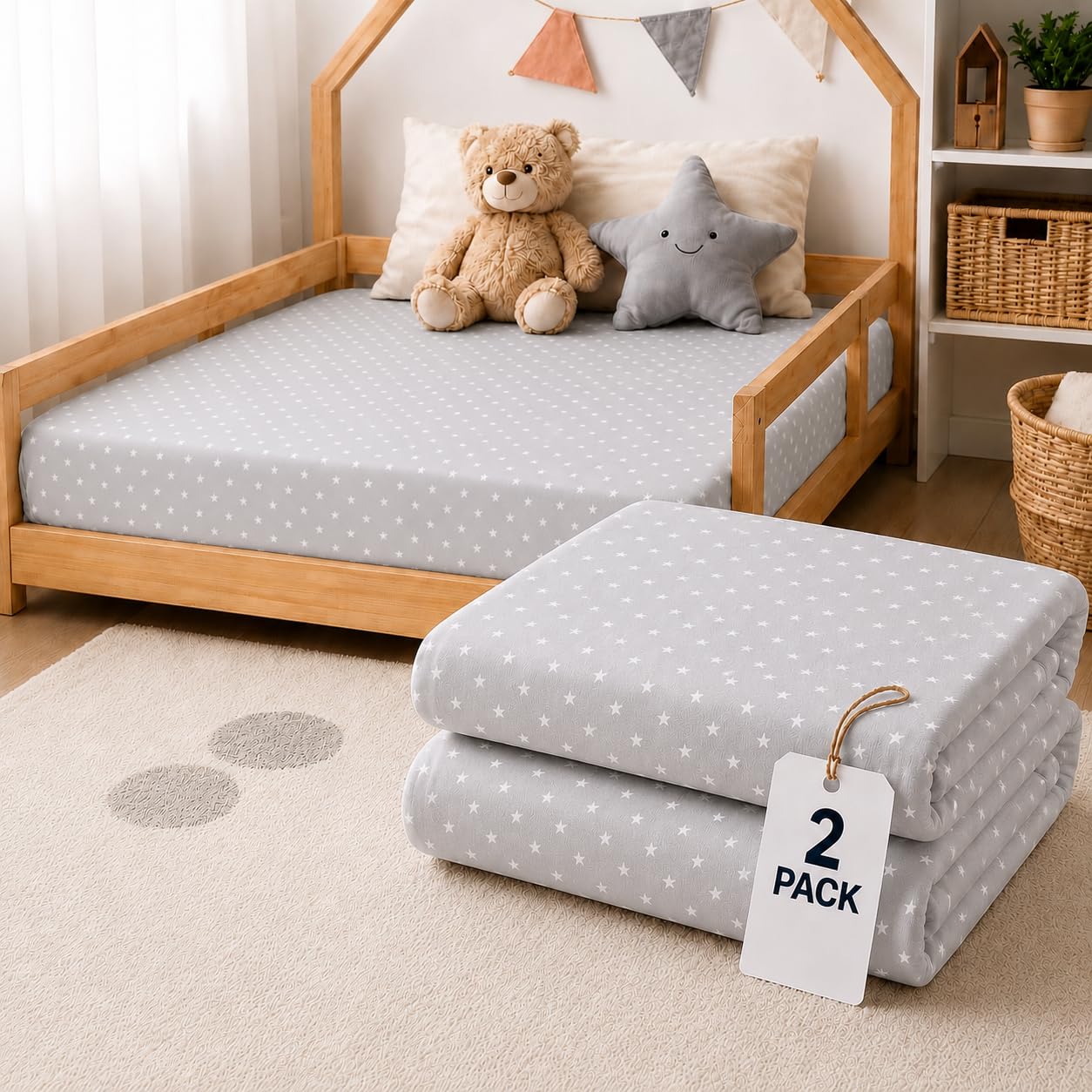 BABYMAM 2 Pack Jersey Fitted Sheet 160 x 80 cm, Breathable, 100% Cotton Soft Stretch Fitted Bed Sheet, Elasticated All Around for Toddler & Junior Bed (Small Stars with Grey)