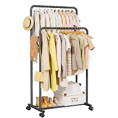 Delamu Clothes Rack Double Rods Clothing Rack for Hanging Clothes Metal Garment Rack with Rolling Wheels Portable Wardrobe