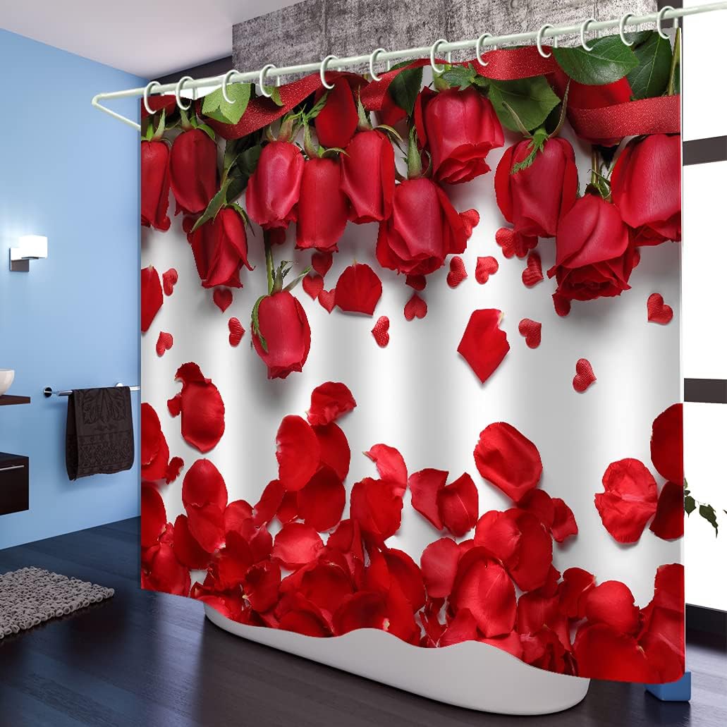 LYFANS Waterproof Fabric Shower Curtains Lining Printed Red Rose Petal Covered Bathtub Bathroom Curtains Include 12 Shower Curtains Hooks, 72 x 83 Inch Peep Proof Shower Curtain.