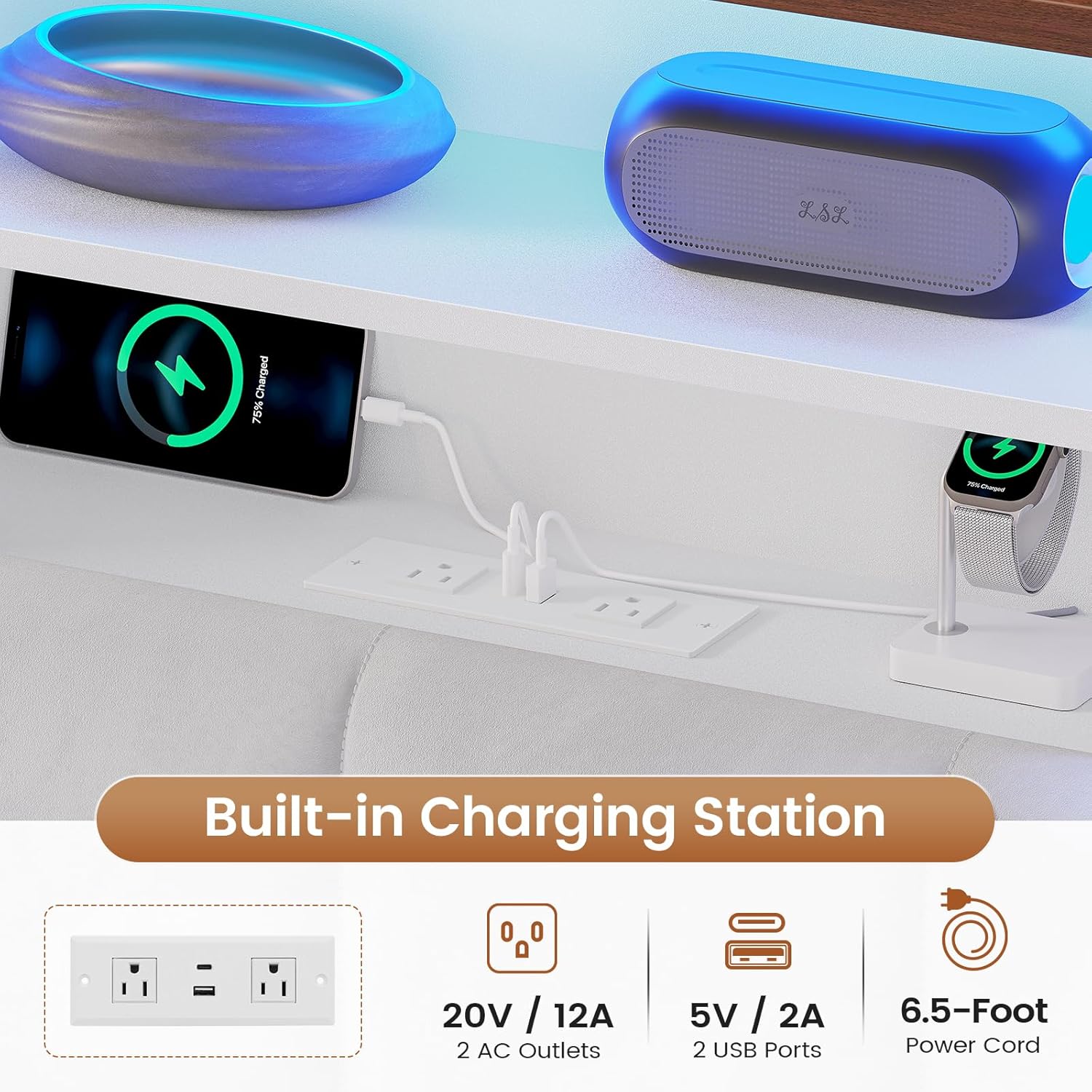 AOGLLATI Twin Bed Frame with 4 Storage Drawers & Charging Station & LED Lights, Twin Bed Frames with Stylish Bookcase Headboard, Led Bed Frame with Metal Slats, No Box Spring Needed,White