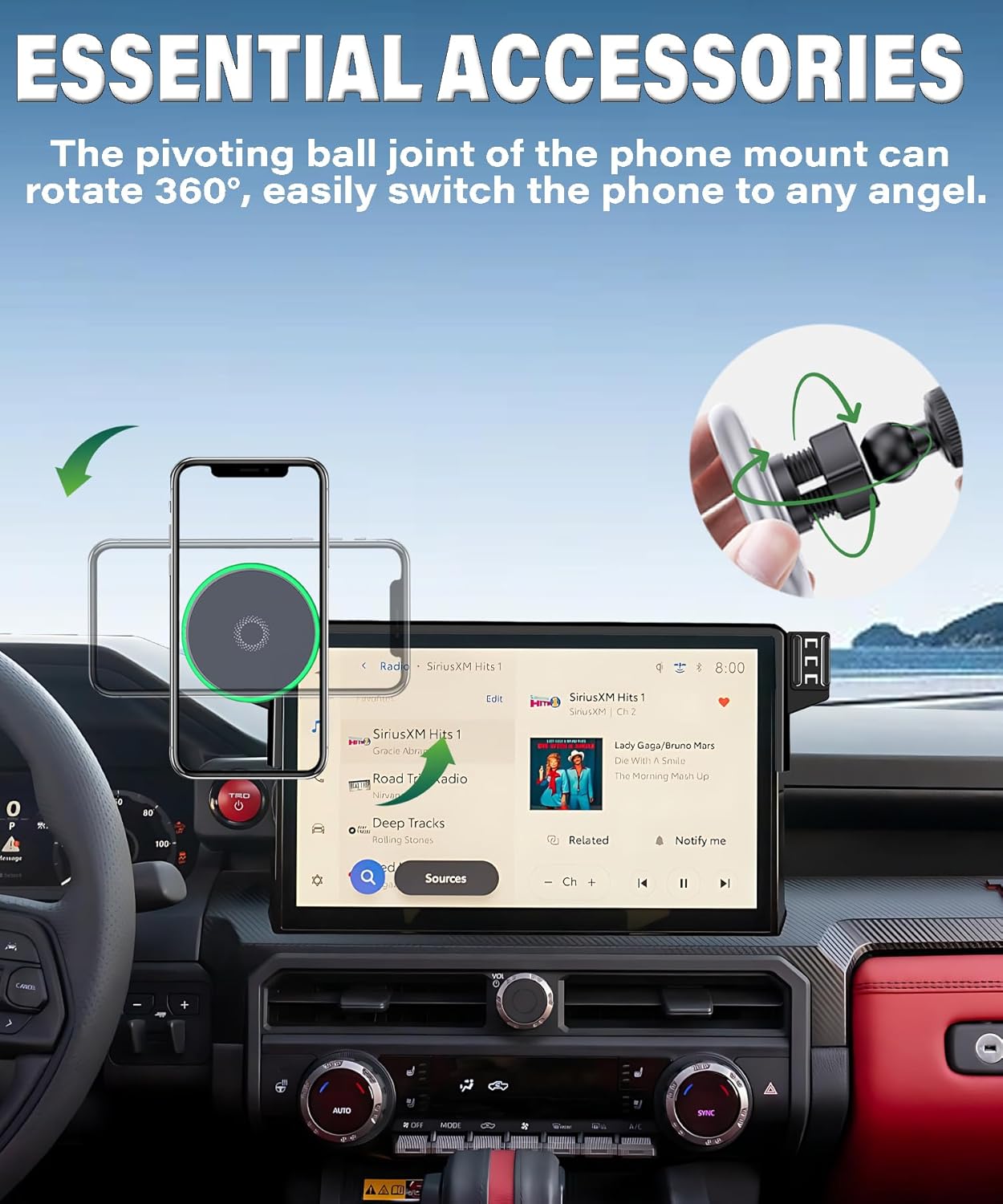 Car Phone Holder for Toyota Tacoma 2024 2025 /Toyota 4Runner 2025 Accessories Apply to 14 Inch Touchscreen 15W Fast Wireless Charger Screen Fixed Clip Cell Phone Mount 360 Degree Rotation