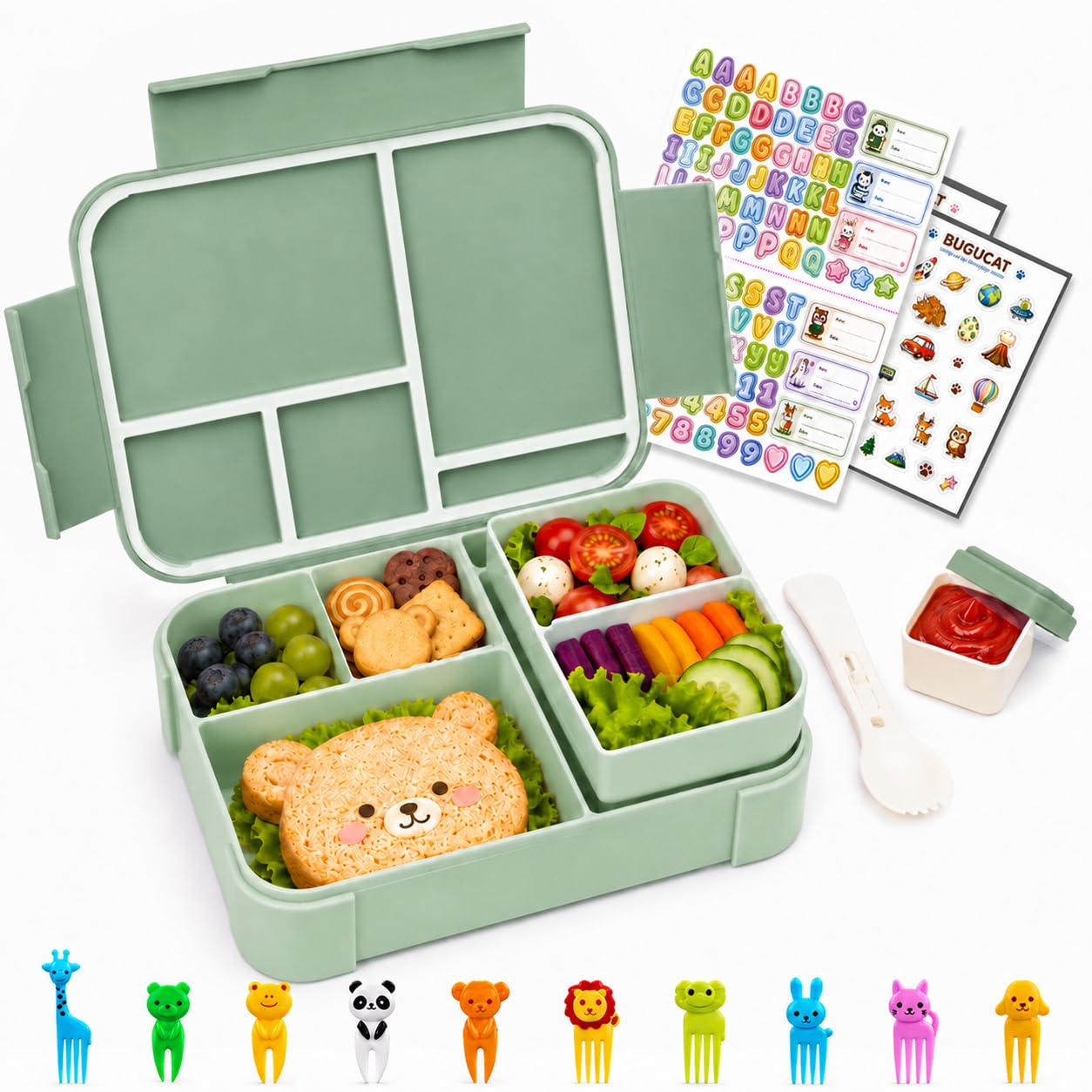 Bugucat Lunch Box Kids with Compartments 1200ml, Leakproof Bento Box