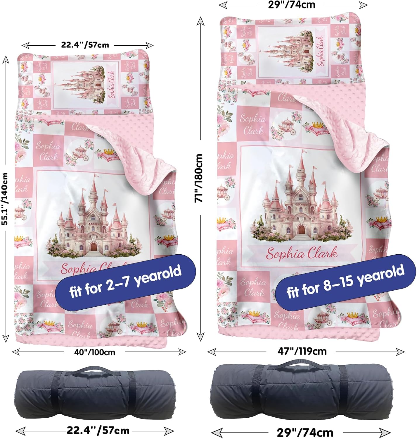 Personalized Toddler Nap Mat for Girls – Custom Name Kids Nap Mat – Daycare Sleeping Mats with Removable Pillow and Soft Minky Dot Blanket for Preschool, Travel, Kindergarten