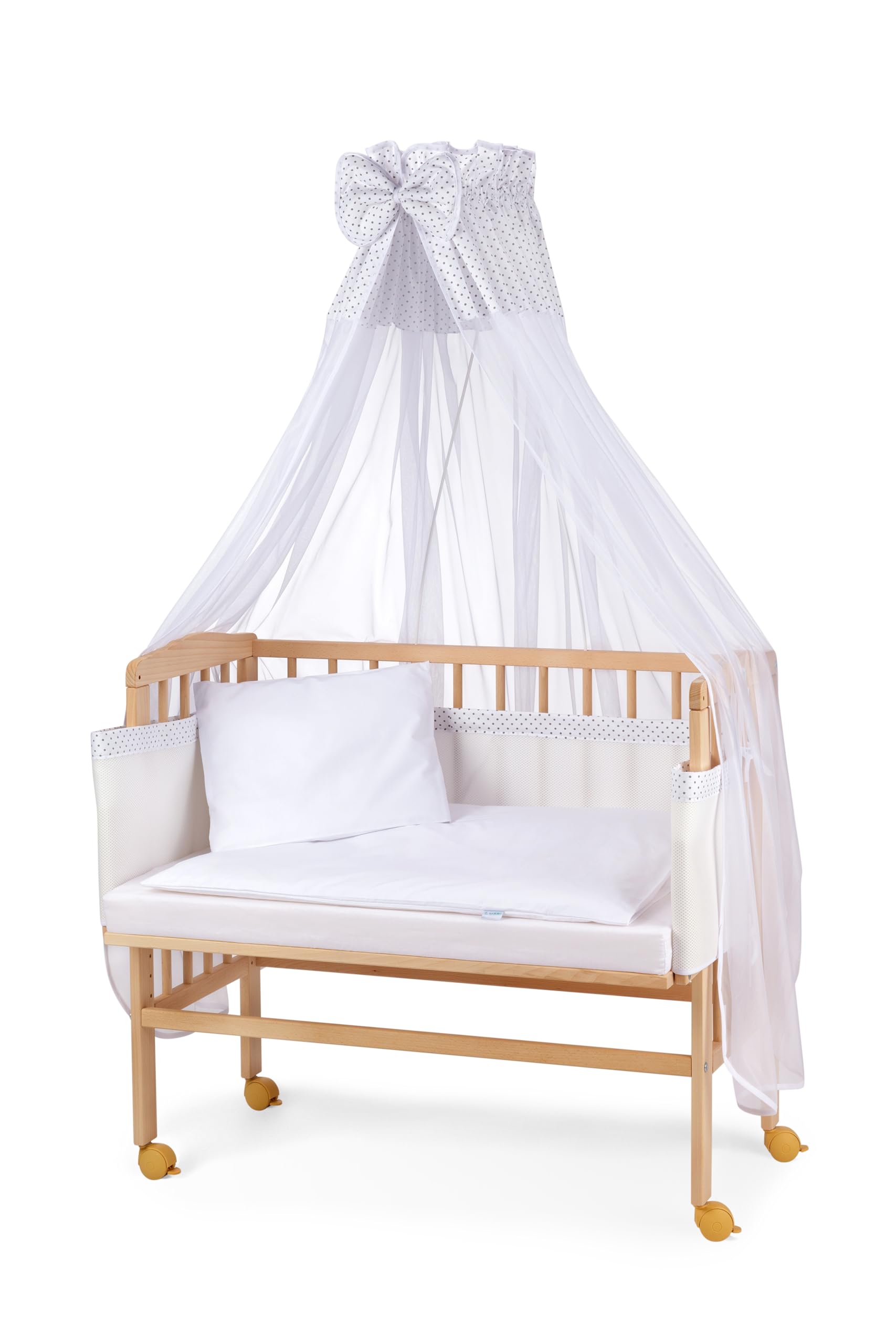 waldin Lit Cododo pour Bébé avec Matelas, Réglable en Hauteur, Bois Hêtre Massif Naturel, Grande Surface de Couchage 90 x 55 cm, Textile Blanc, Points Gris