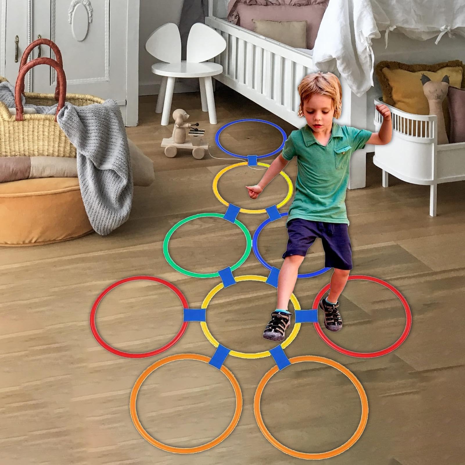 Anillos de rayuela para niños, Juego de Anillos de rayuela - Anillos de Agilidad | de obstáculos con puf, Cuadrados de 15 Pulgadas con Conectores para niños, Interior y Exterior