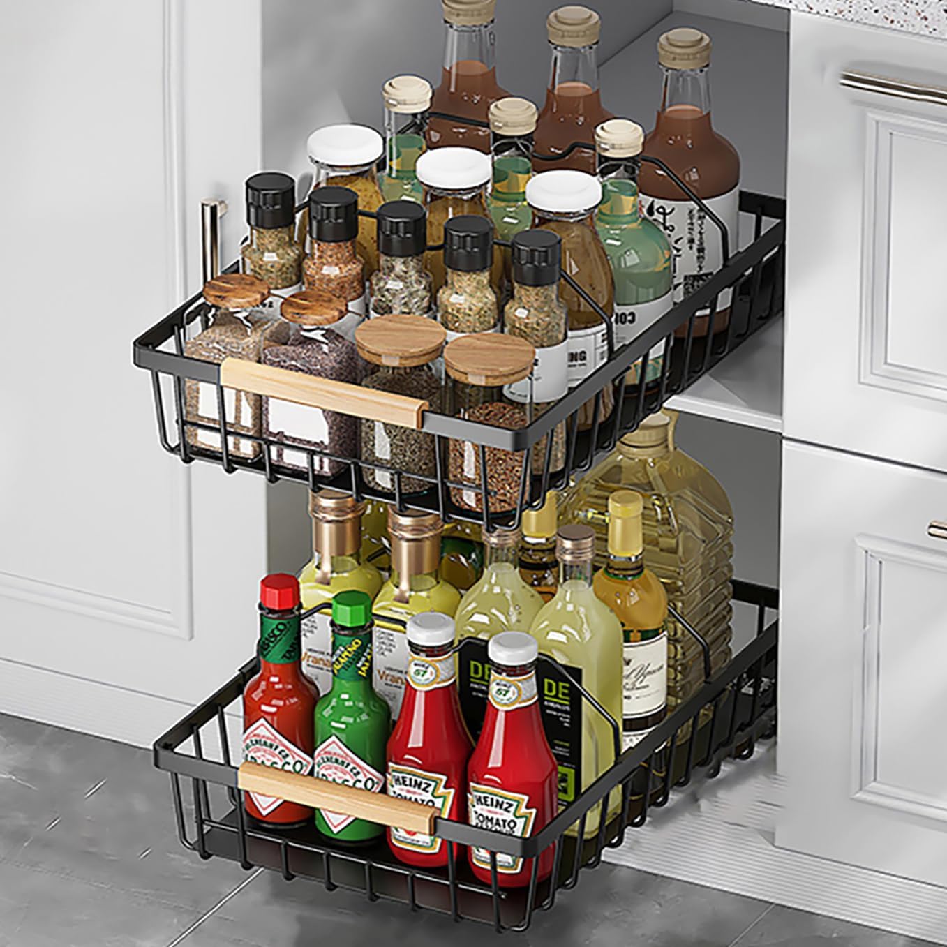 2 Pack No Drill Pull Out Cabinet Organizer, Premium Carbon Steel Slide-Out Drawer with strong nano adhesive, Under Cabinet Storage Shelf for Kitchen, Pantry, Bathroom, Black