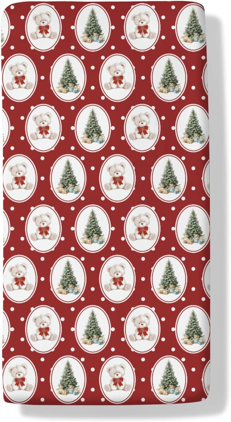 Red Christmas Bear Bows Baby Crib Sheets Cute Bear Christmas Trees Gifts Soft Baby Sheets Winter Holiday Festive Fitted Crib Mattress Cover for Standard Crib Mattress 52"x28"