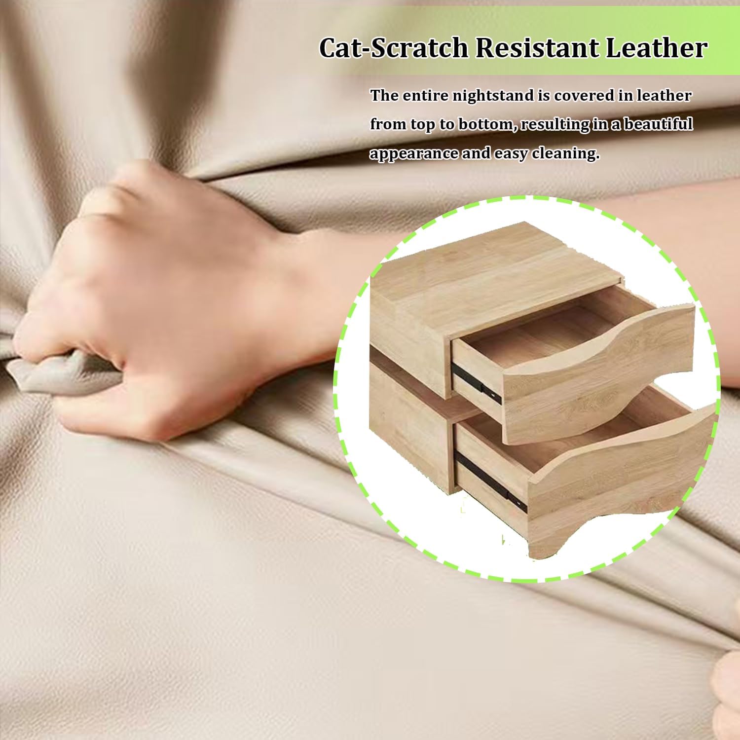 Modern Nightstand with LED Light, Leather Night Stand with Drawer, Solid Wood Bedside Table (2 Drawers, White)