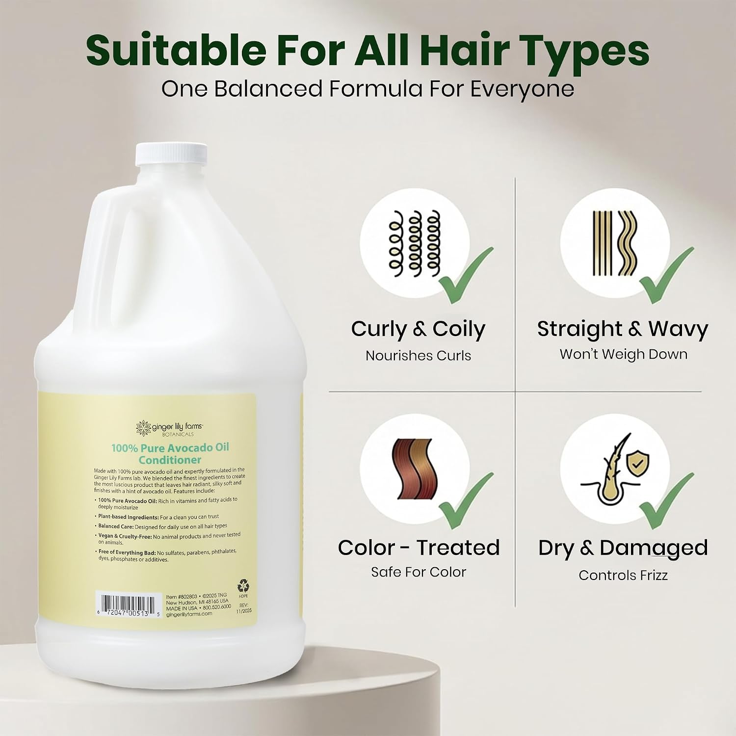 Ginger Lily Farms Botanicals 100% Pure Avocado Oil Conditioner for All Hair Types, 100% Vegan & Cruelty-Free, 1 Gallon (128 Fl Oz) Refill