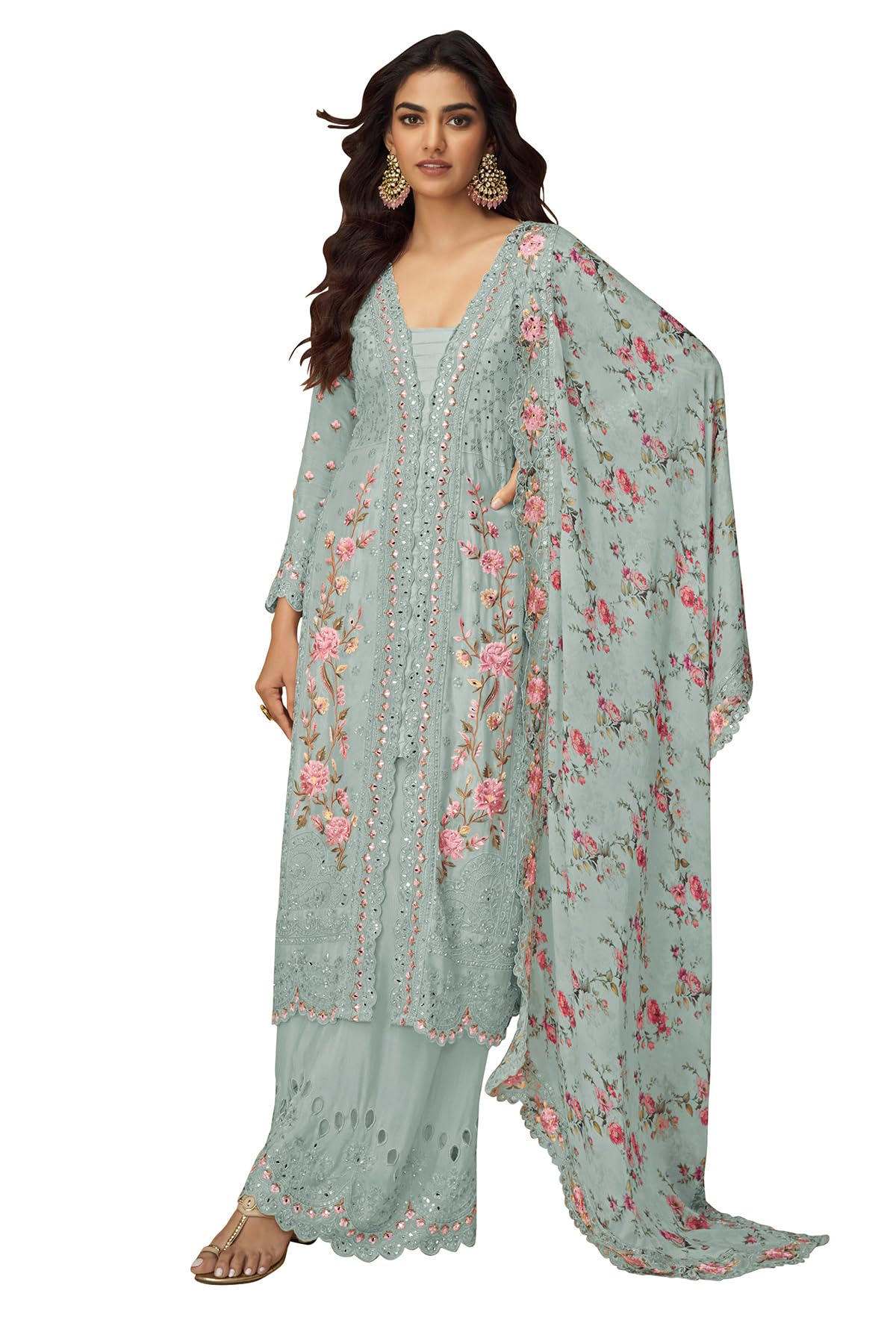 WOMEN'S Art Silk Premium Unstitched Pakistani Suit – Elegant Fabric for Custom Tailoring(SF311140 Light Blue Free-Size)-picture-42