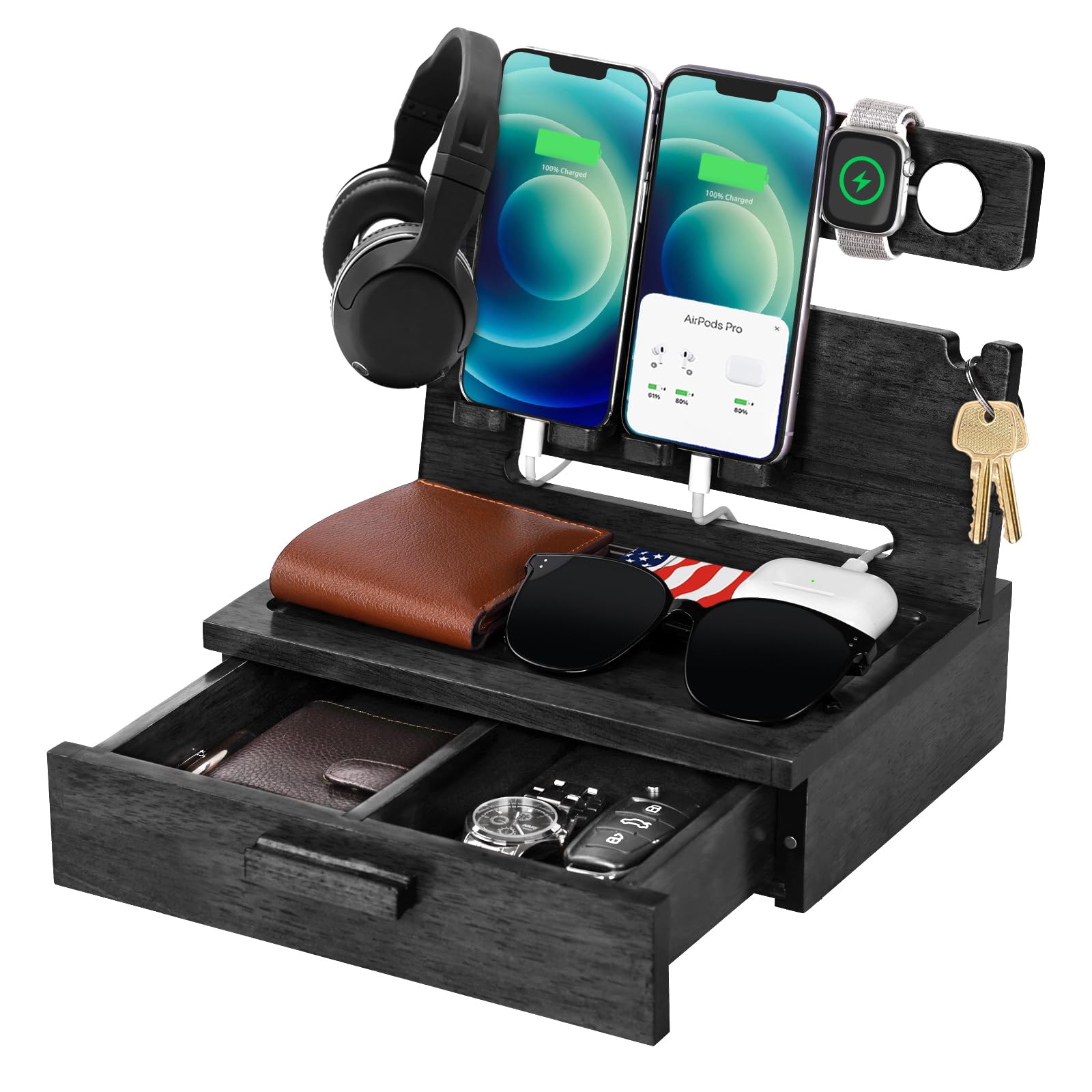 Funistree Gifts for Men Dad Husband Christmas Birthday from Daughter Son Wife, Wood Phone Docking Station with Drawer Nightstand Organizer, Gifts for Him Boyfriend Anniversary, Xmas Stocking Stuffer