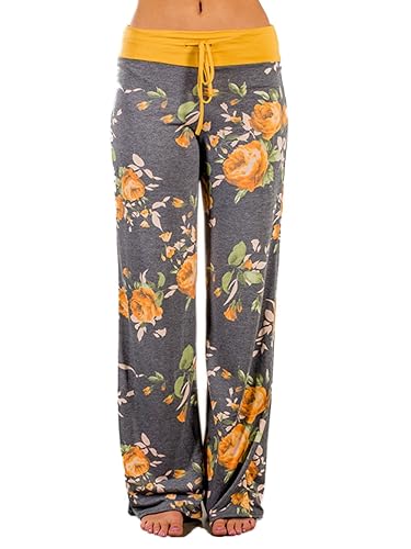 iChunhua Women's Comfy Stretch Floral Print Drawstring Palazzo Wide Leg Lounge Pant - Yellow - Small